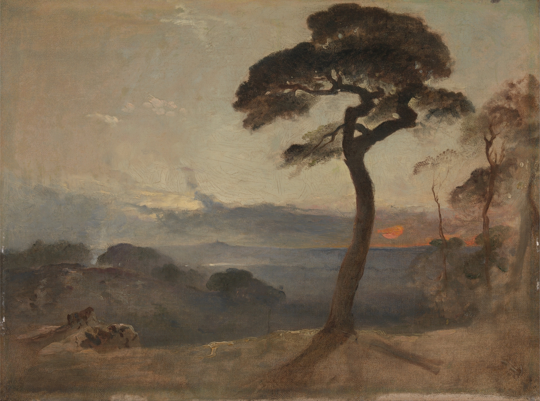 Hampstead Heath, Sunset by Francis Danby, oil painting depicting a vibrant sunset over trees.