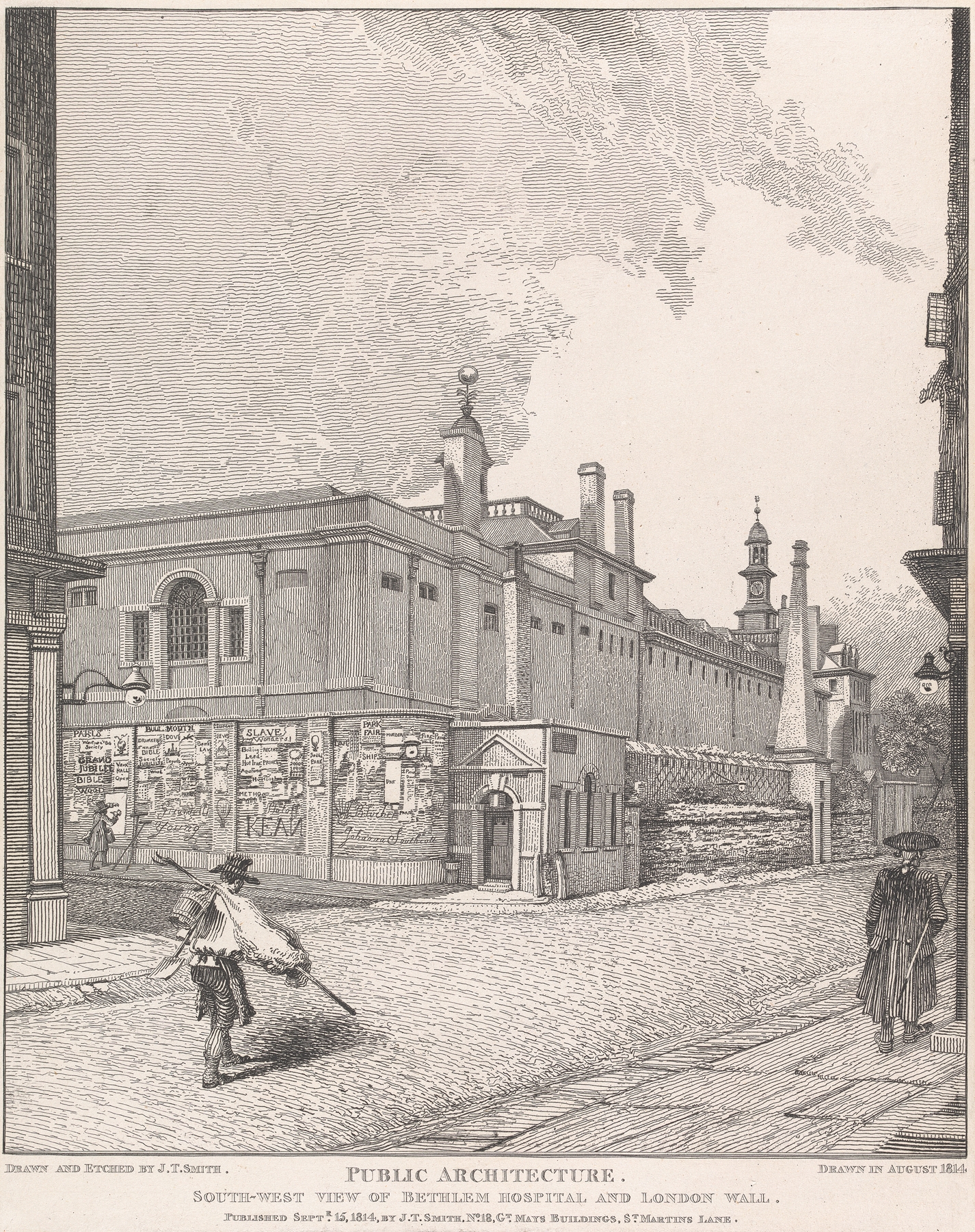 Engraving by John Thomas Smith showing Bethlem Hospital and London Wall