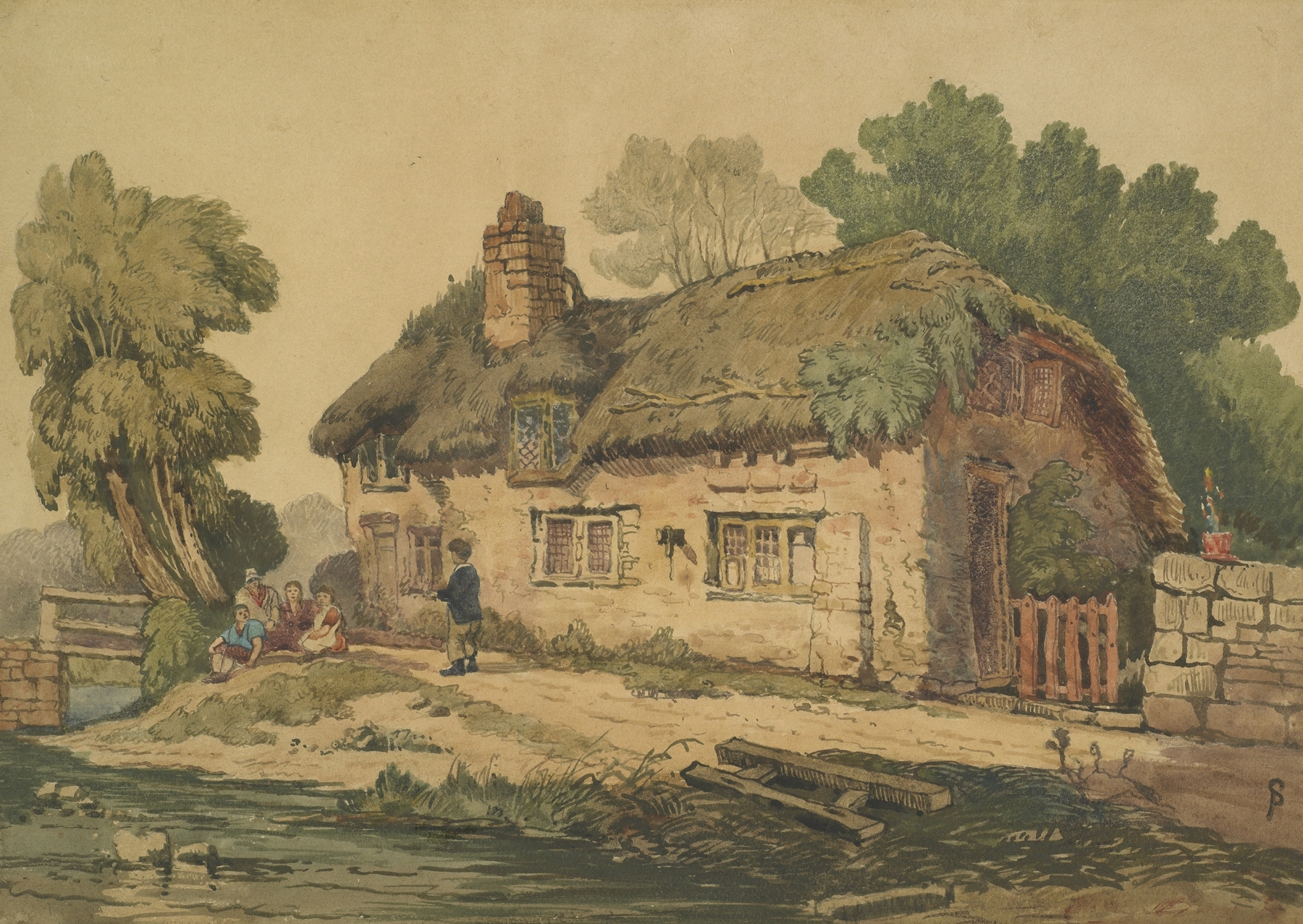 Brook and cottage, by Samuel Prout, public domain