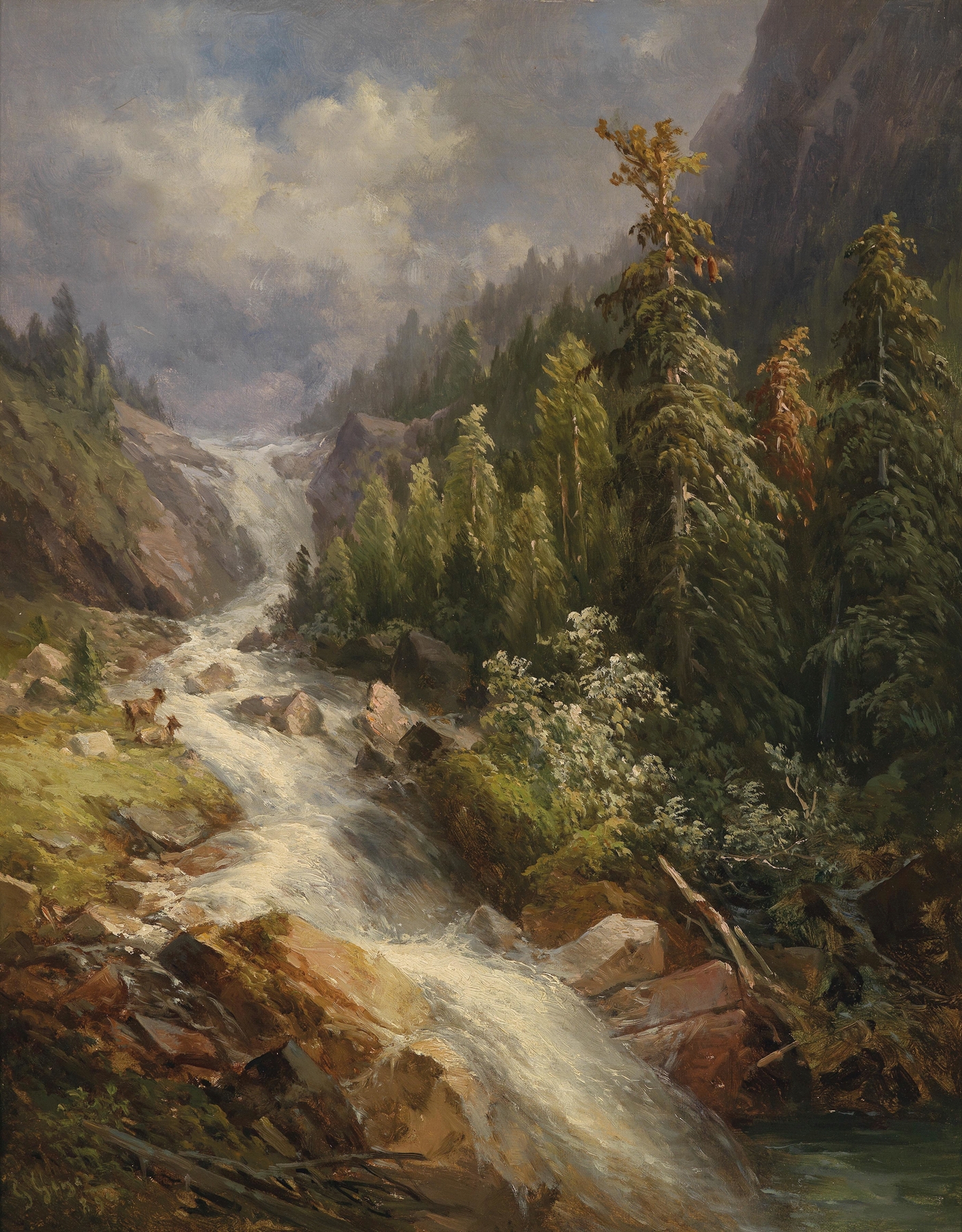 Cascading waterfall in Stalbachfall am Grundlsee, oil painting by Georg Geyer