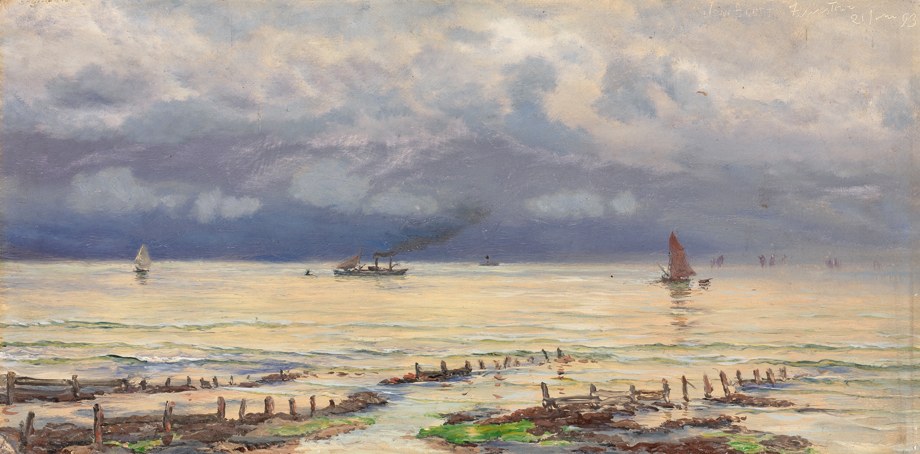 A View of Felixstowe by John Brett, oil on canvas depicting gentle waves and a tranquil sea.