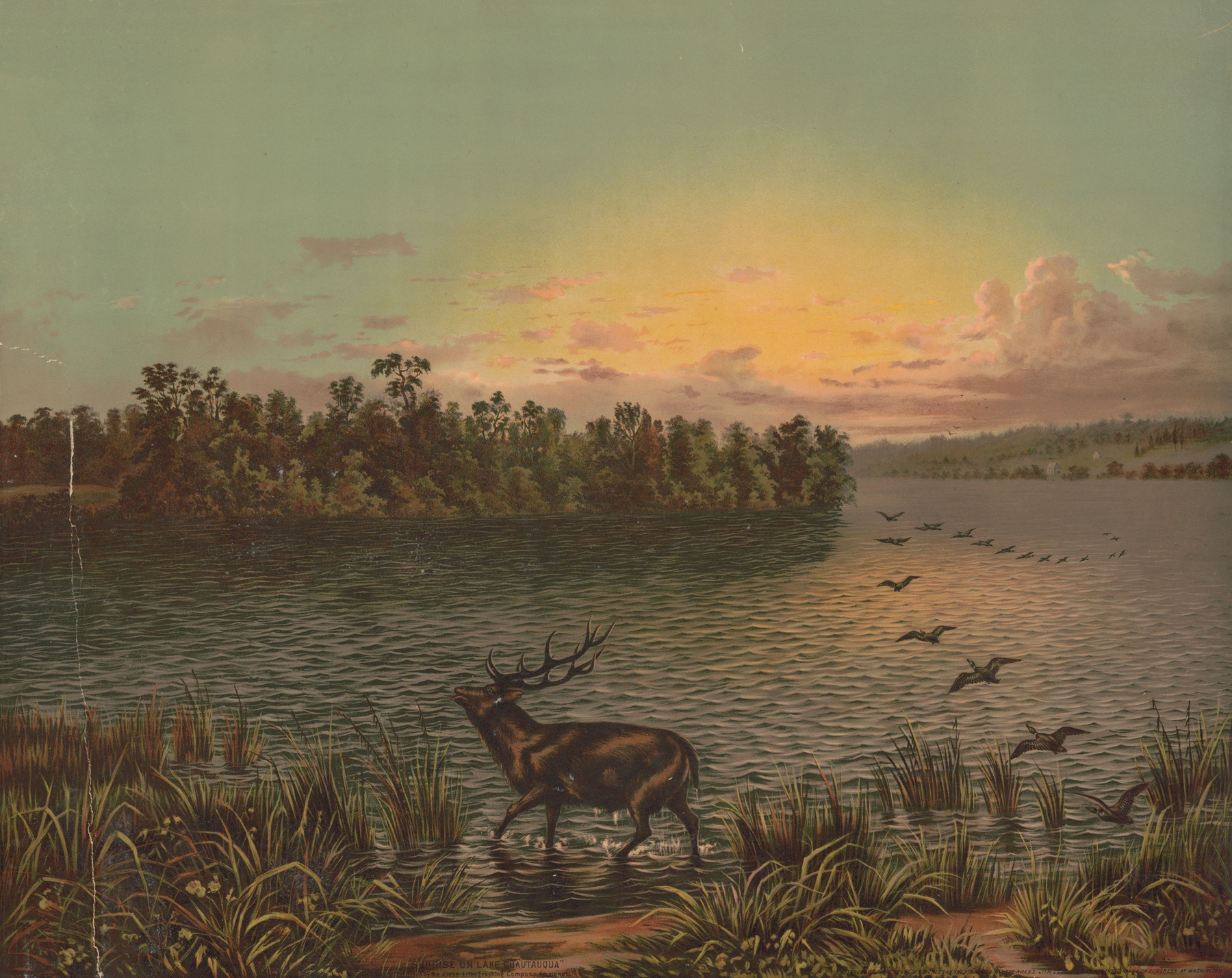 Sunrise on Lake Chautauqua lithograph by Krebs Lith. Co, depicting a tranquil lake at dawn.