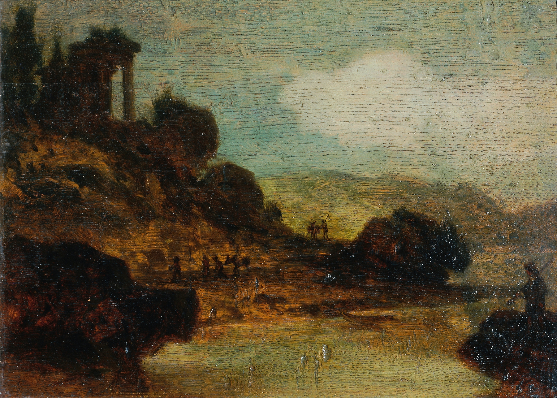 Landschaft mit Ruine by Joseph Hasslwander, oil on canvas depicting ruins in golden light.