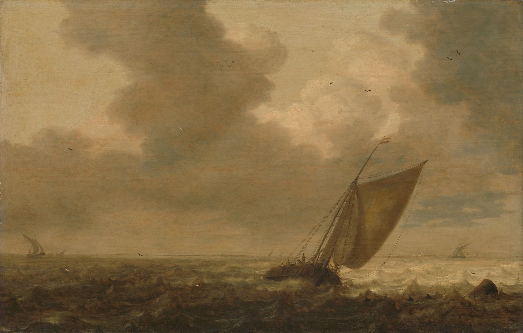 Fishing boat with sails billowing in the wind, oil painting by Pieter Mulier the Elder