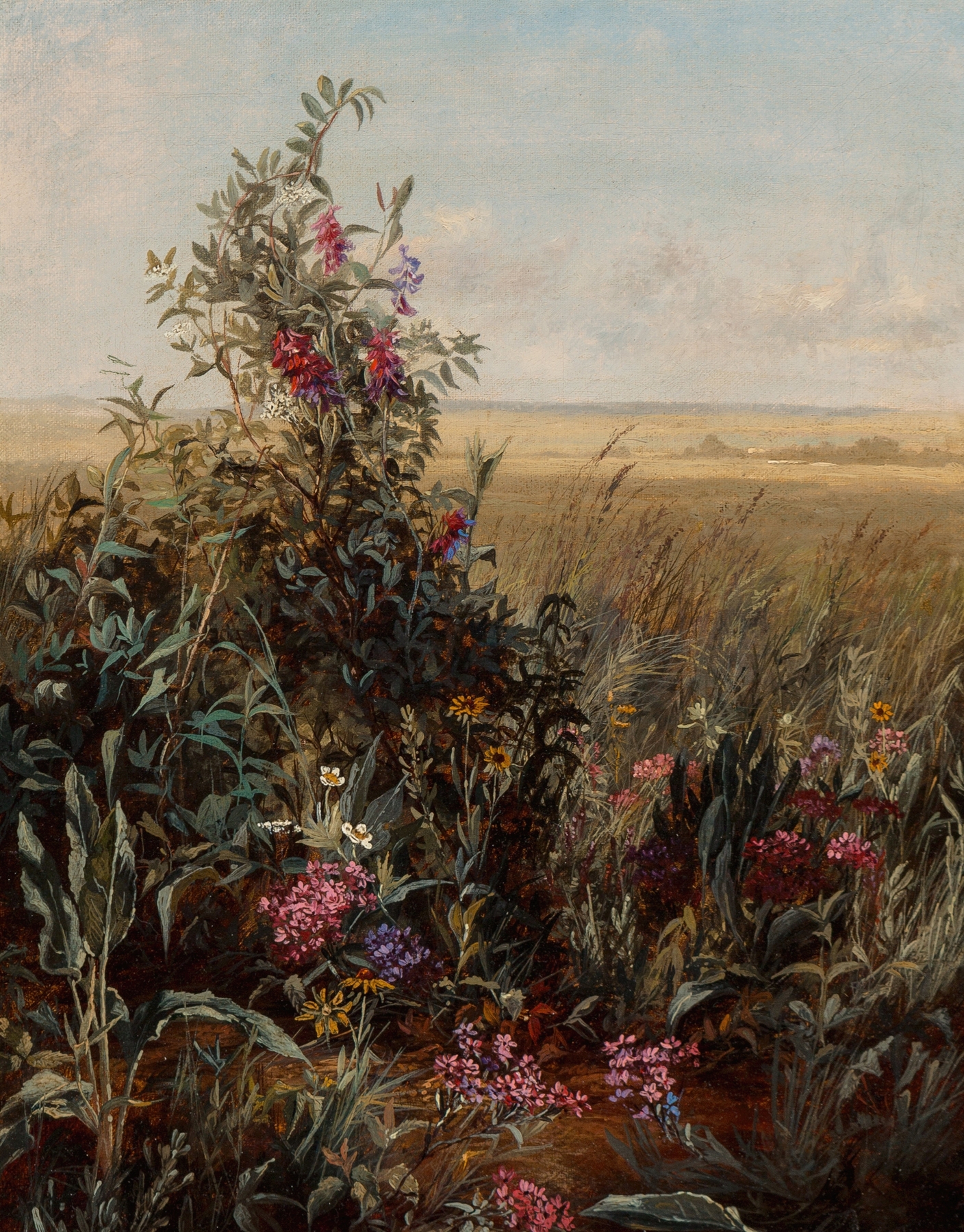 Wild Flowers by Jerome Thompson, oil on canvas, depicting vibrant flowers in nature