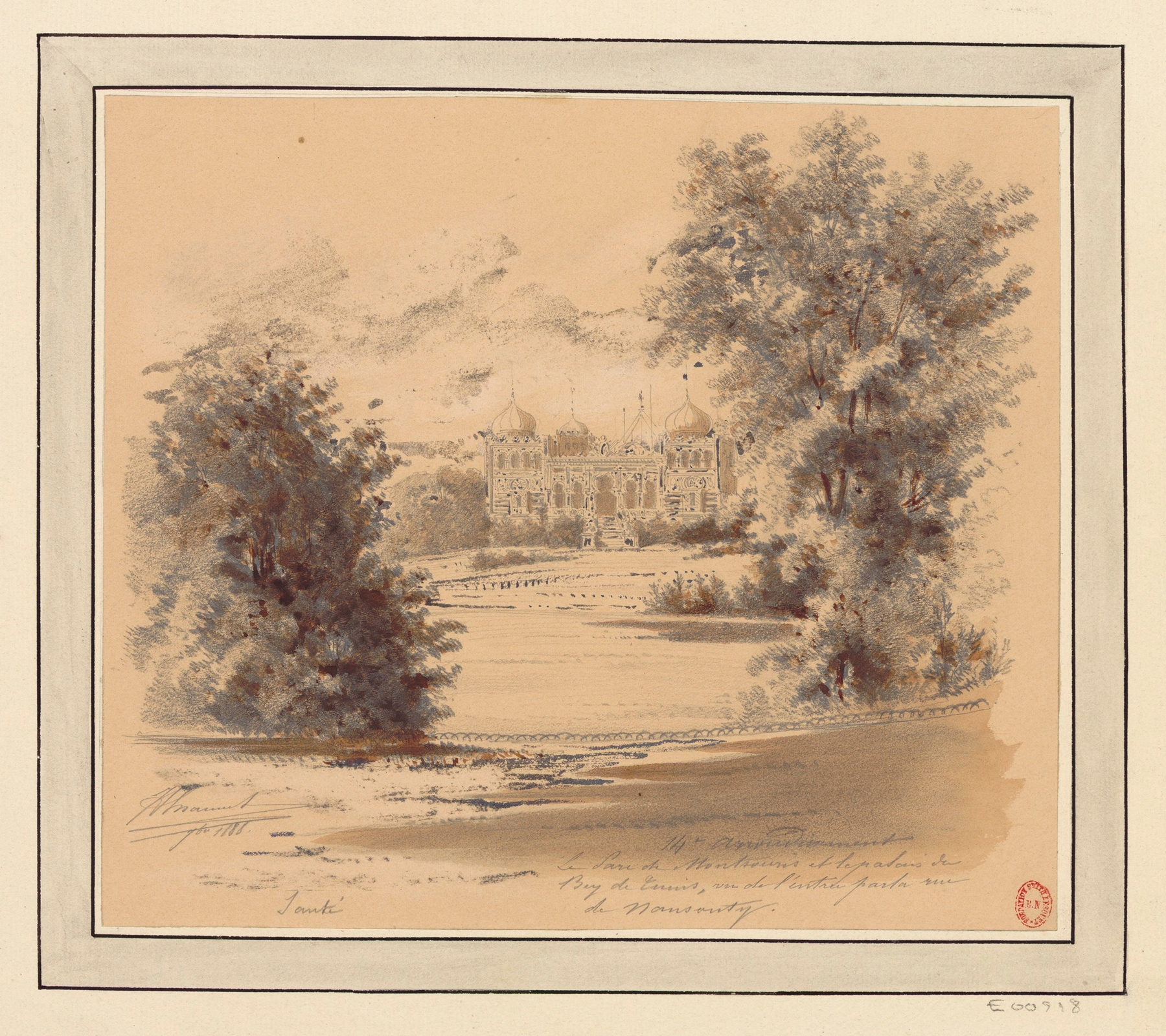 Oil painting by Jules-Adolphe Chauvet depicting Montsouris Park with vibrant foliage.