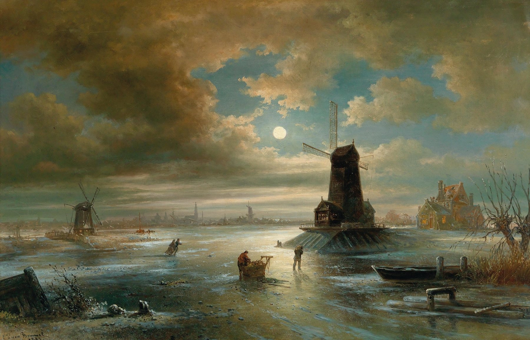 Moonlit night landscape with snow, oil painting by Elias Pieter van Bommel