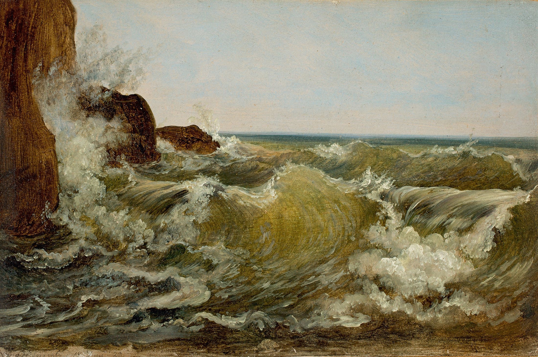 Marine scene of waves crashing on rocks by Heinrich Reinhold, oil painting