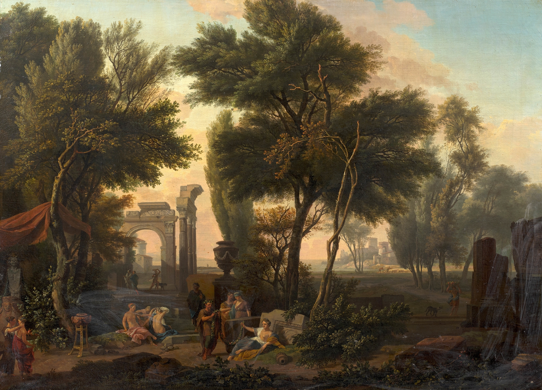Landscape with figures in vibrant colors, oil on canvas by Isaac de Moucheron.