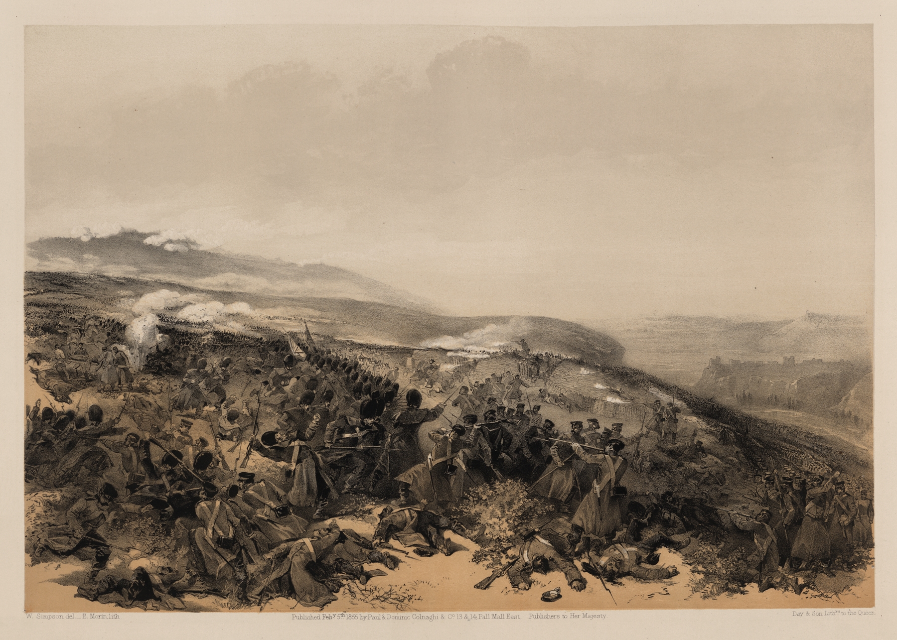 Historical scene of soldiers charging in battle, ink on paper by William Simpson