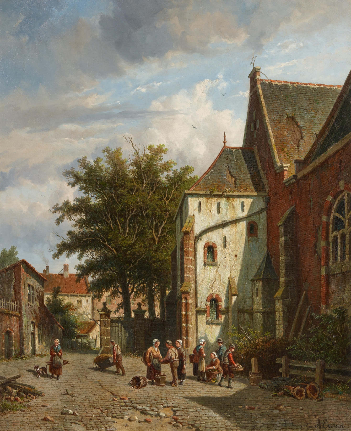 Oil on canvas by Adrianus Eversen depicting Westkerk church in a serene landscape.