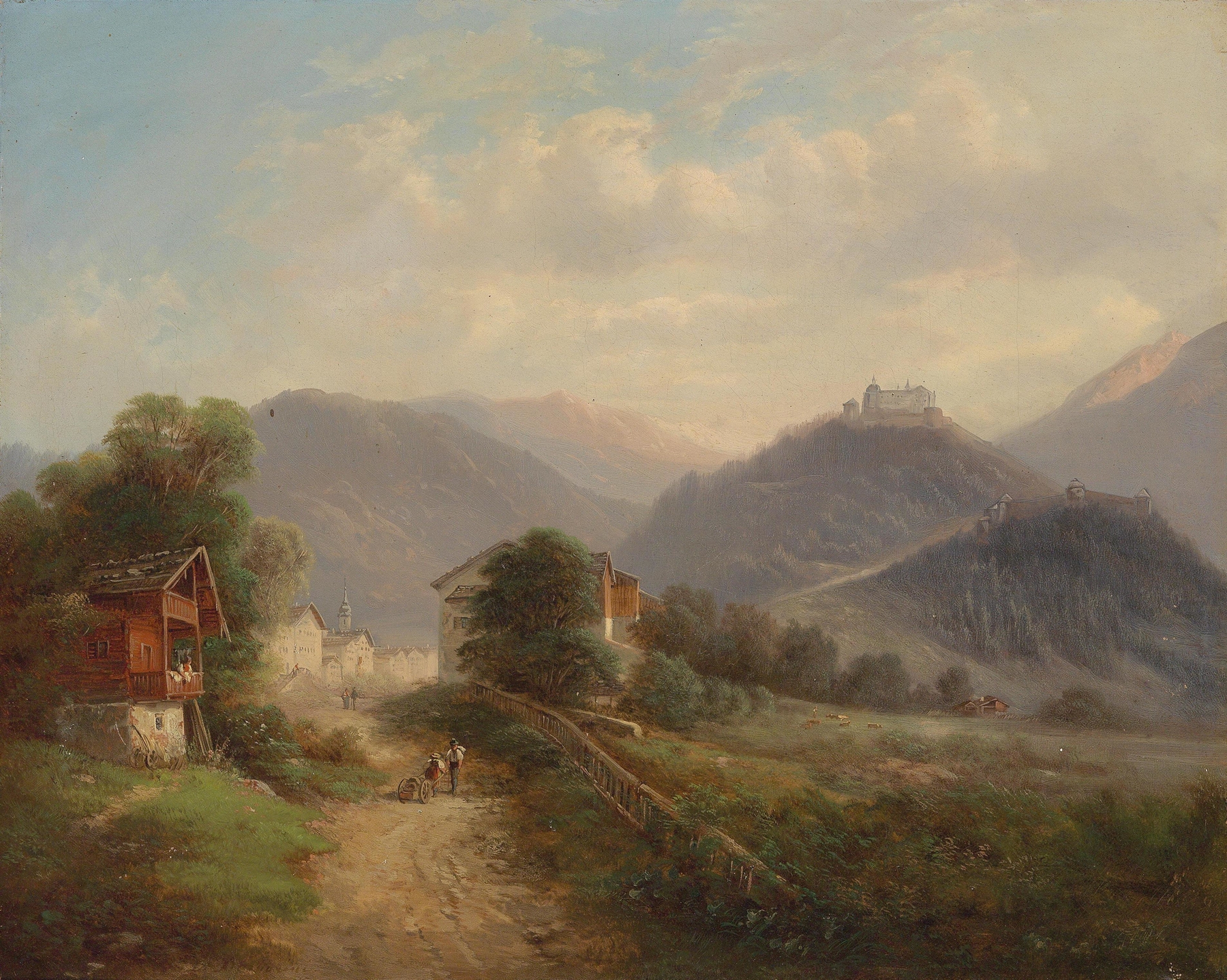 Landscape oil painting of Hohenwerfen fortress by Gustav Barbarini