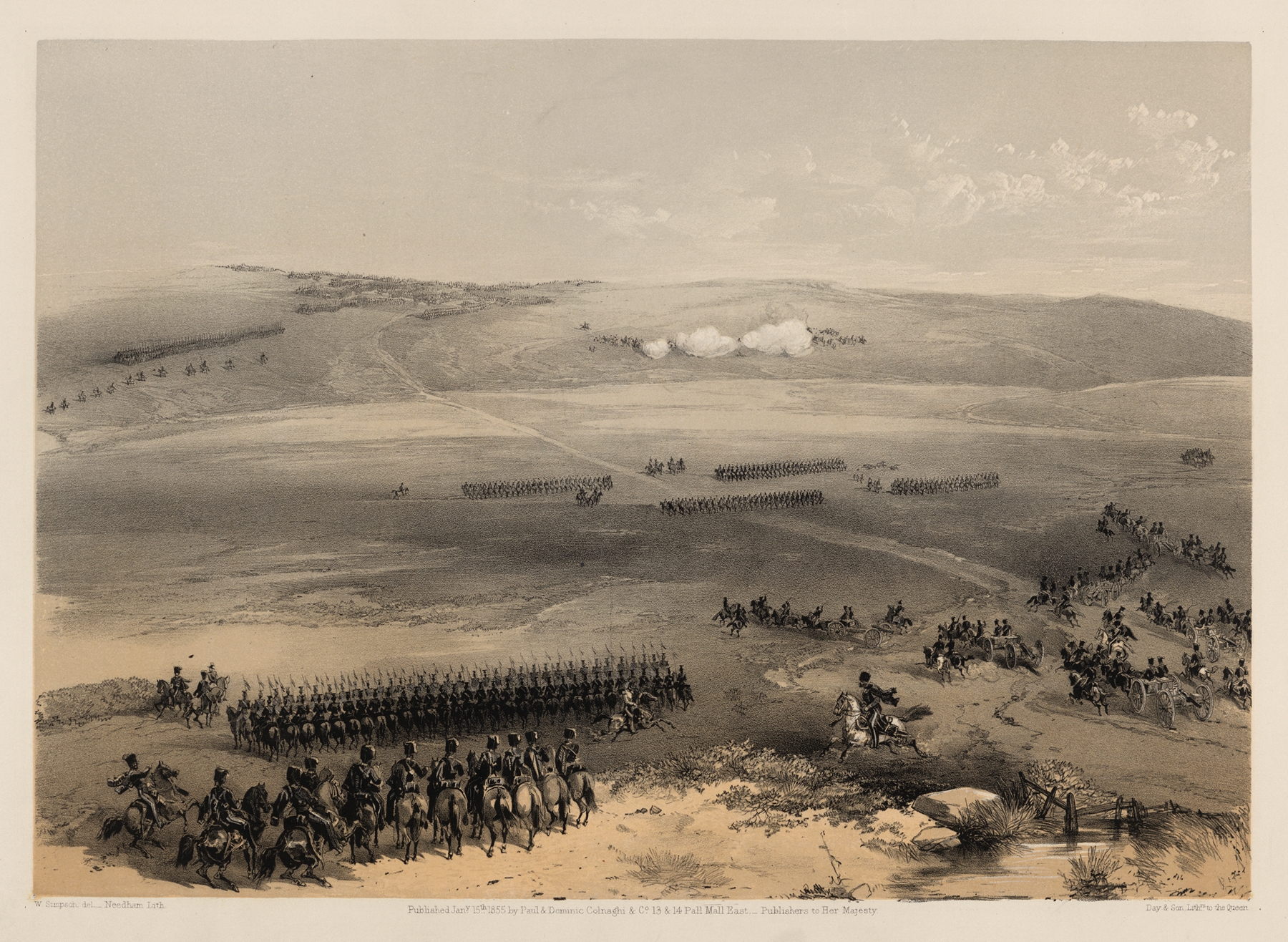 The cavalry affair of the heights of Bulganak – the first gun, 19th Sepr. 1854, by William Simpson, public domain