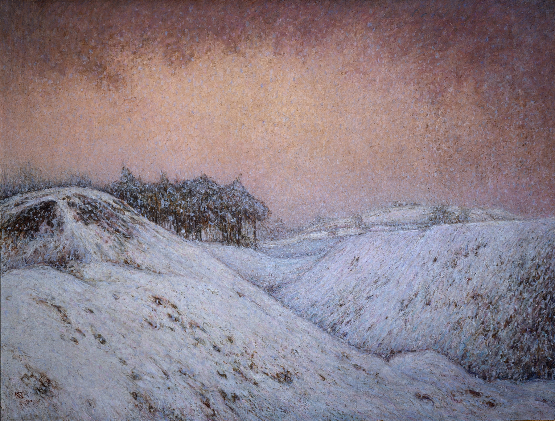 Snowfall by Karl Nordström, oil on canvas depicting a serene winter landscape.
