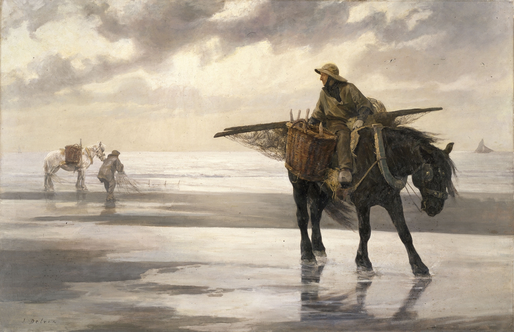 Shrimpers at Nieuwpoort, oil on canvas by Jean Delvin, depicting fishermen working on the sea.