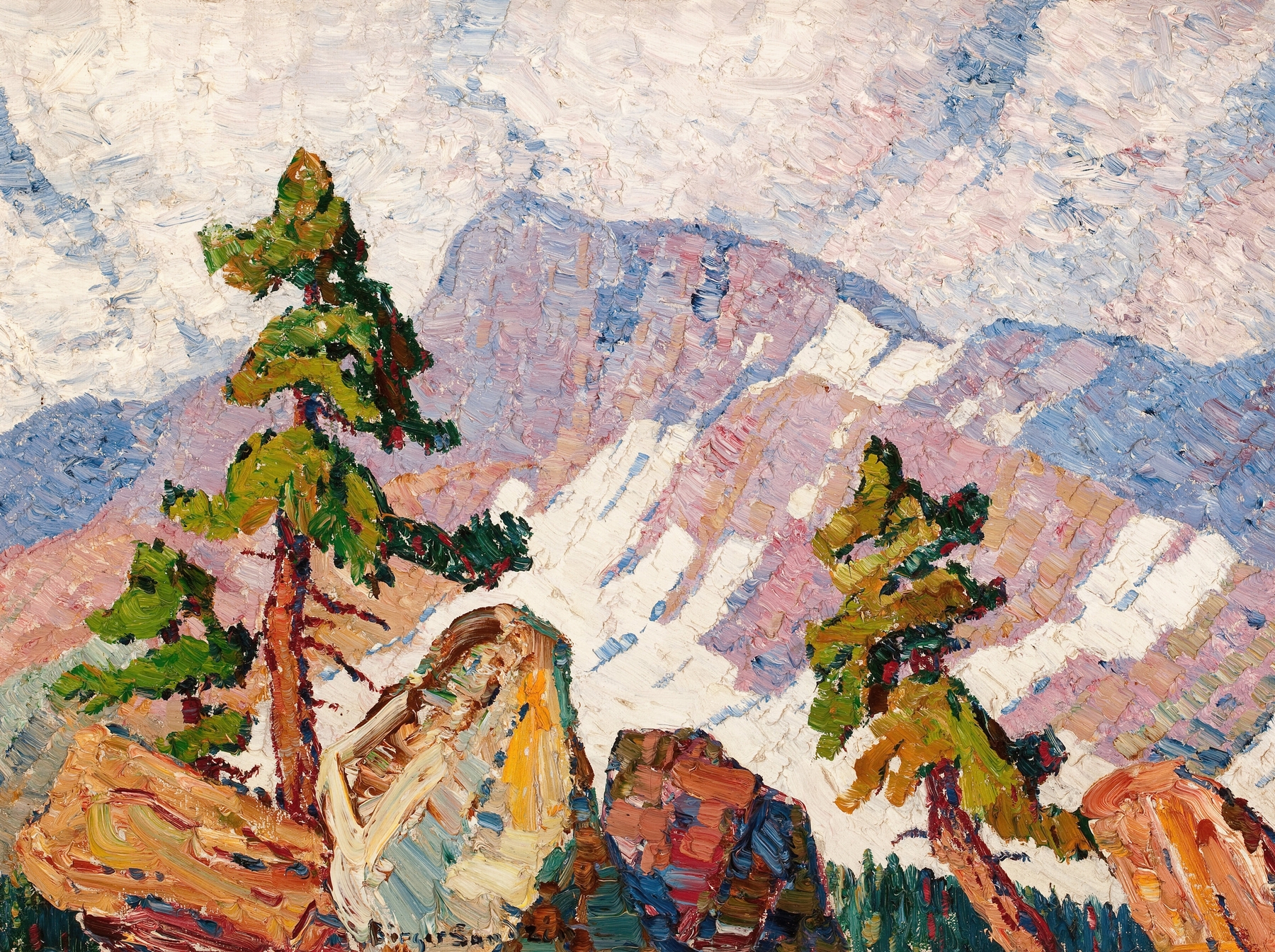 Rocky Mountain Landscape by Birger Sandzén, oil painting depicting mountains and cerulean sky.