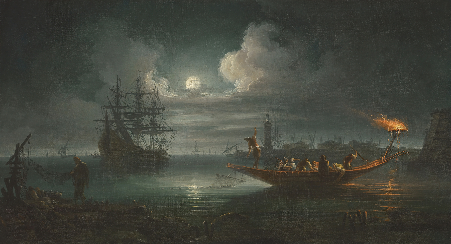 Oil painting by Francesco Fidanza depicting a moonlit Mediterranean harbor with fishermen and a pinnace.