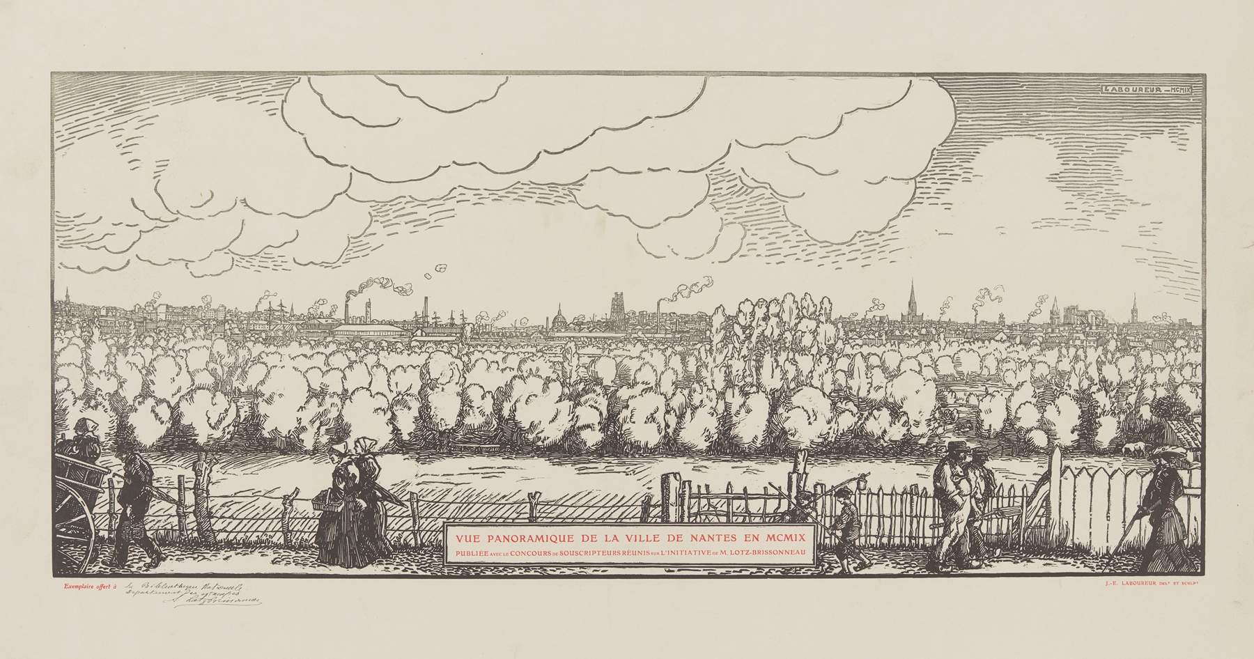 Vue panoramique de la ville de Nantes, engraving by Jean-Émile Laboureur
