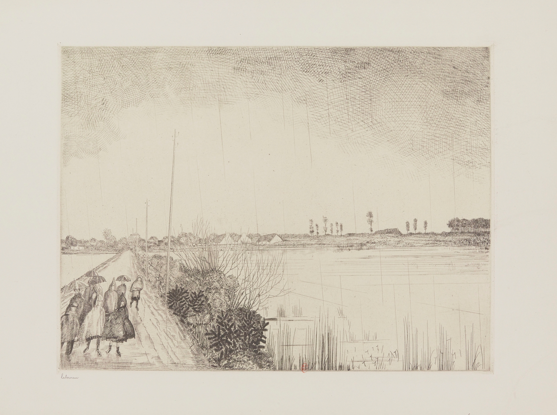 Children walking along a road in an oil painting by Jean-Émile Laboureur