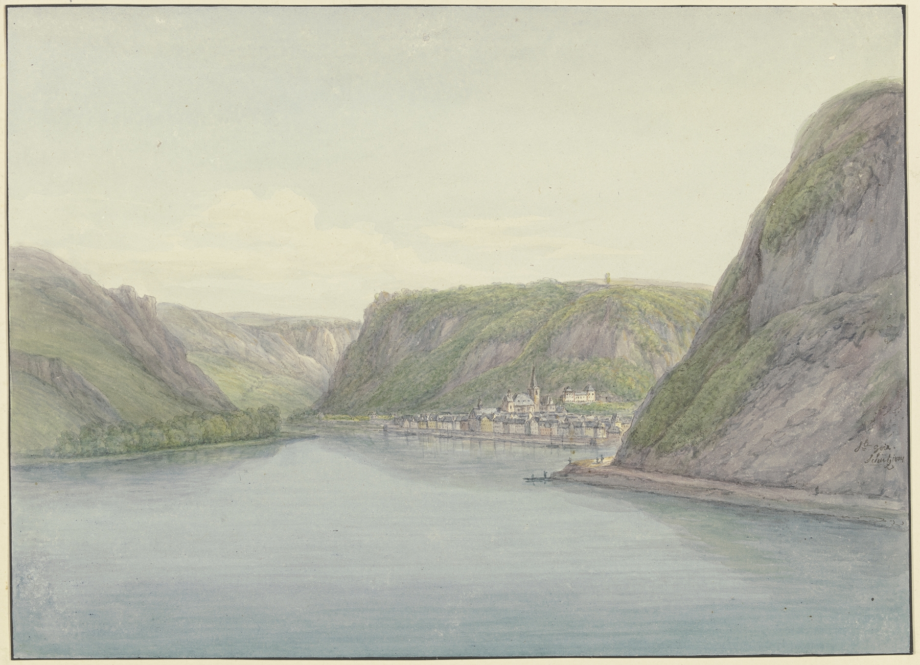 Oil painting by Christian Georg Schütz the Younger depicting rolling hills and a river.