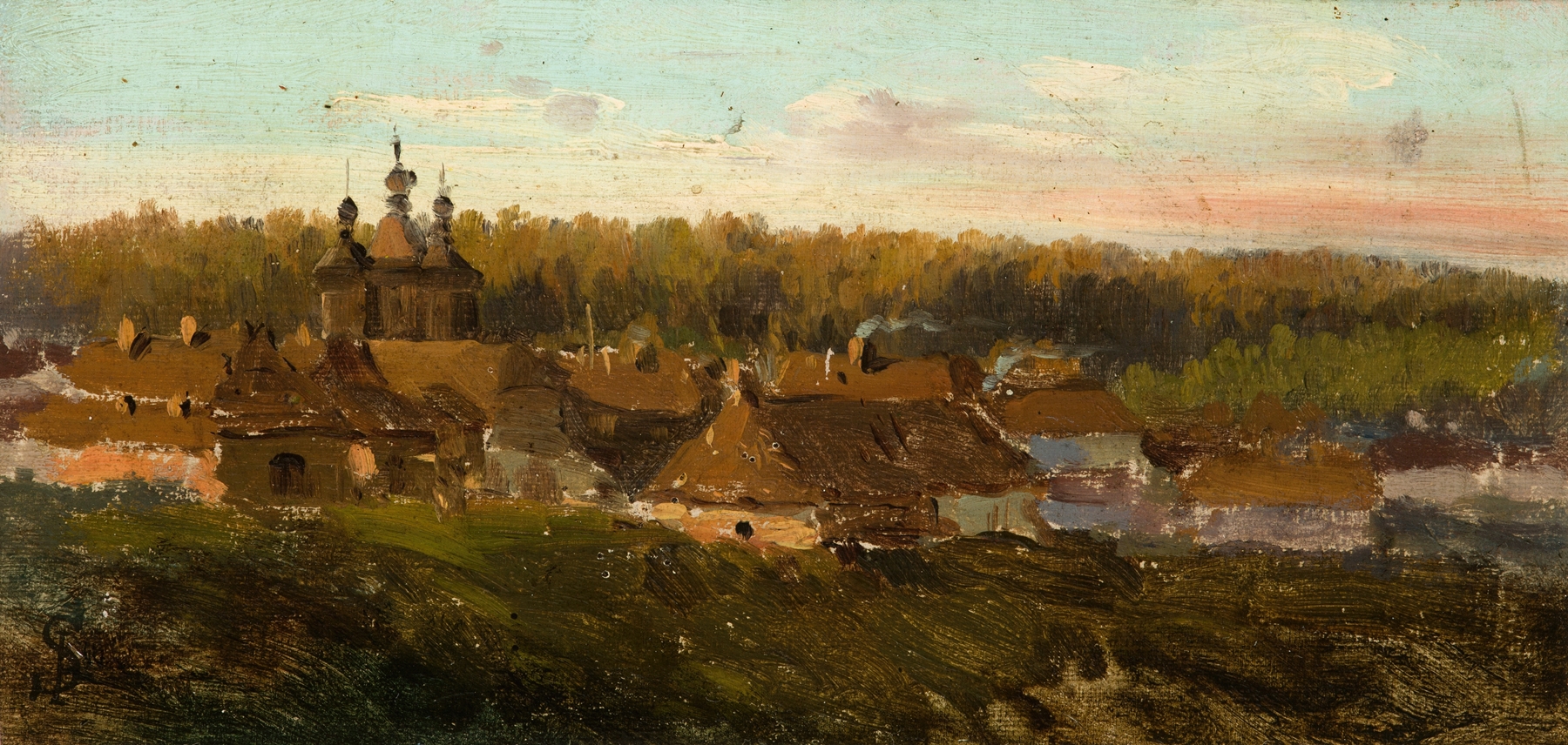 Volhynian Village by Józef Szermentowski, oil on canvas depicting rural cottages and fields