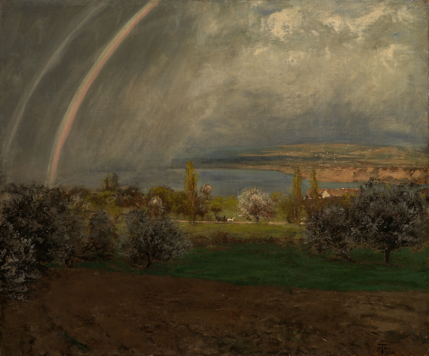 Landschaft bei Ermatingen by Hans Thoma, oil on canvas depicting a tranquil village and rolling hills.