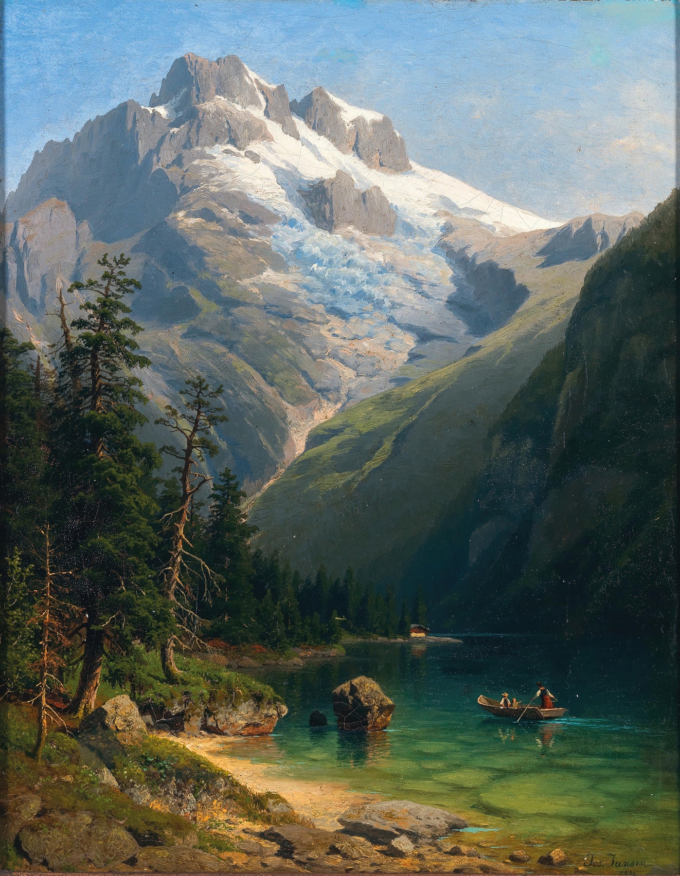 Tranquil lake and mountains in oil painting by Johann Joseph Jansen