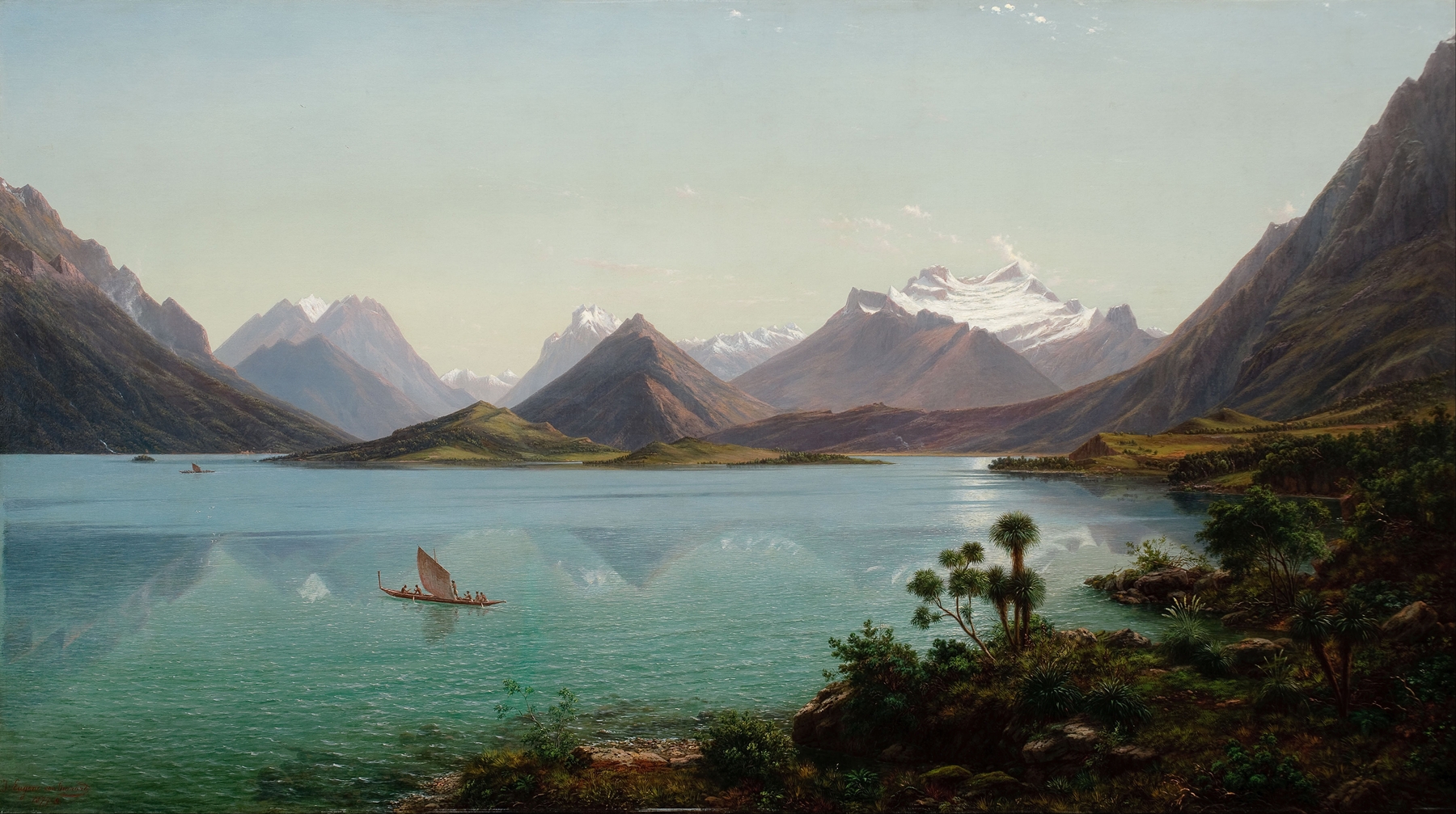 Lake Wakatipu with Mount Earnslaw, Middle Island, New Zealand, by Eugène von Guérard, public domain