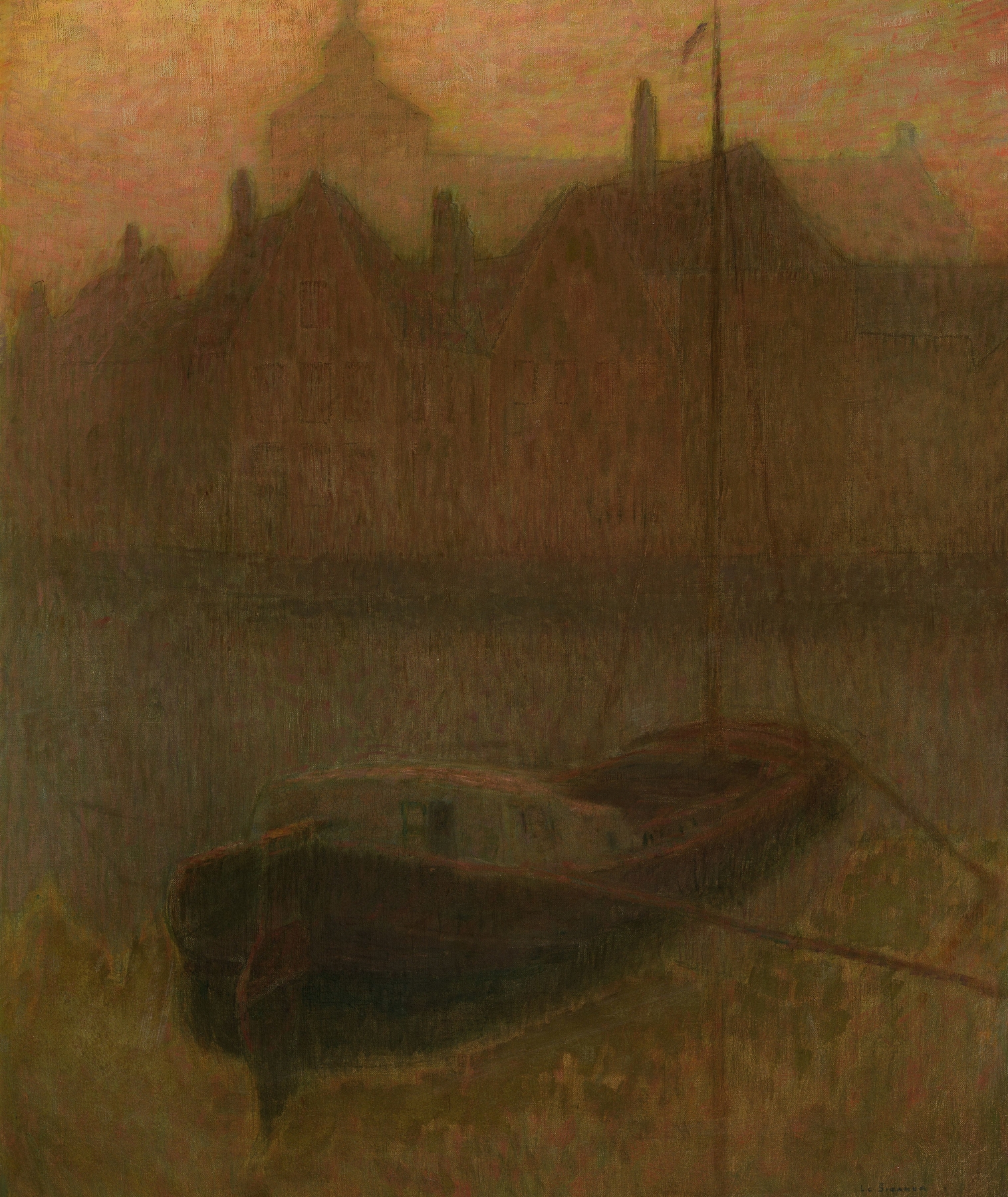 oil painting by Henri Le Sidaner depicting a tranquil canal scene with soft reflections