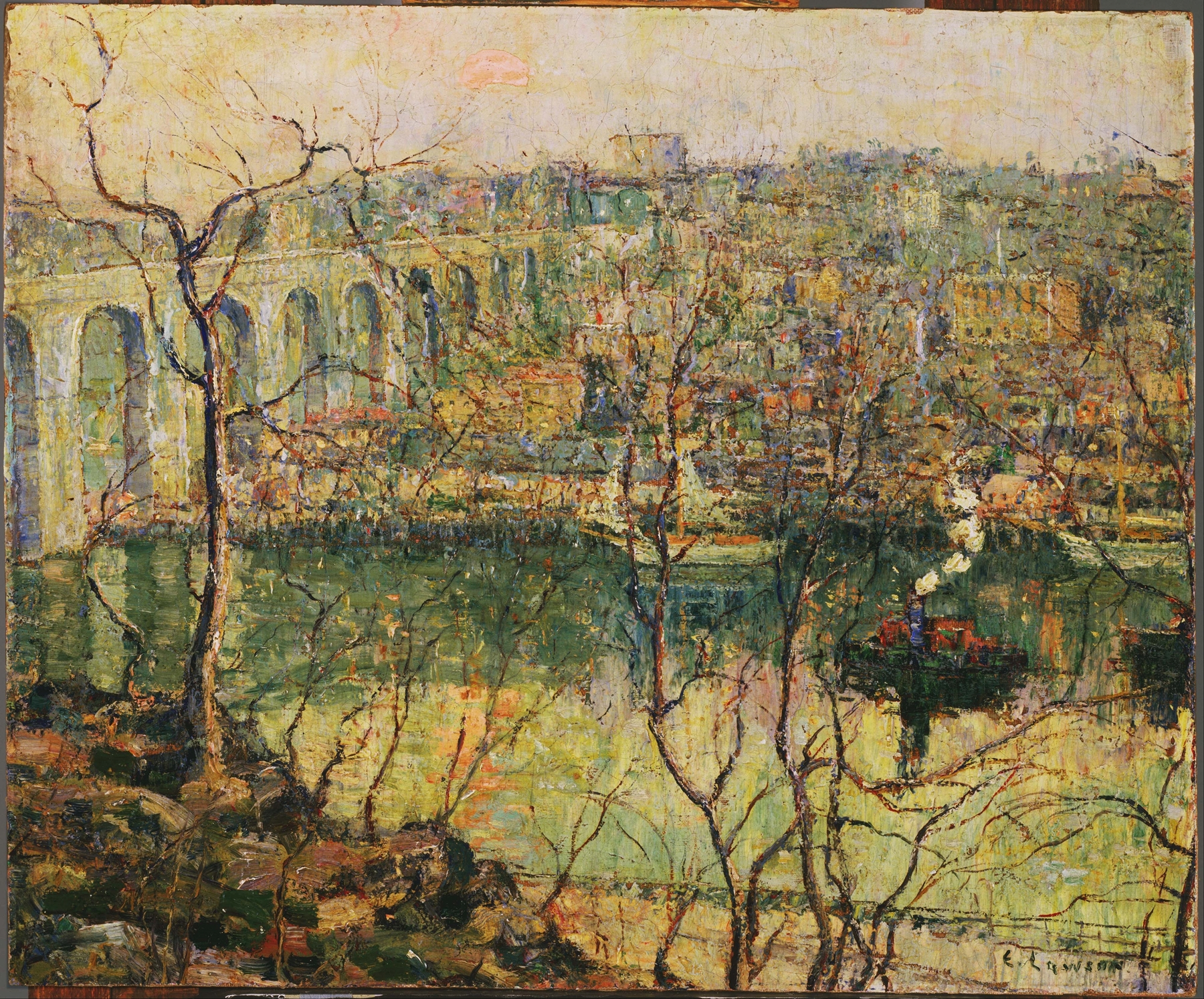 High Bridge, Early Moon, by Ernest Lawson, public domain