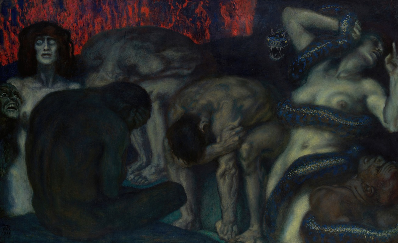 Franz von Stuck's 'Inferno' depicts a dramatic scene filled with intense colors and figures.