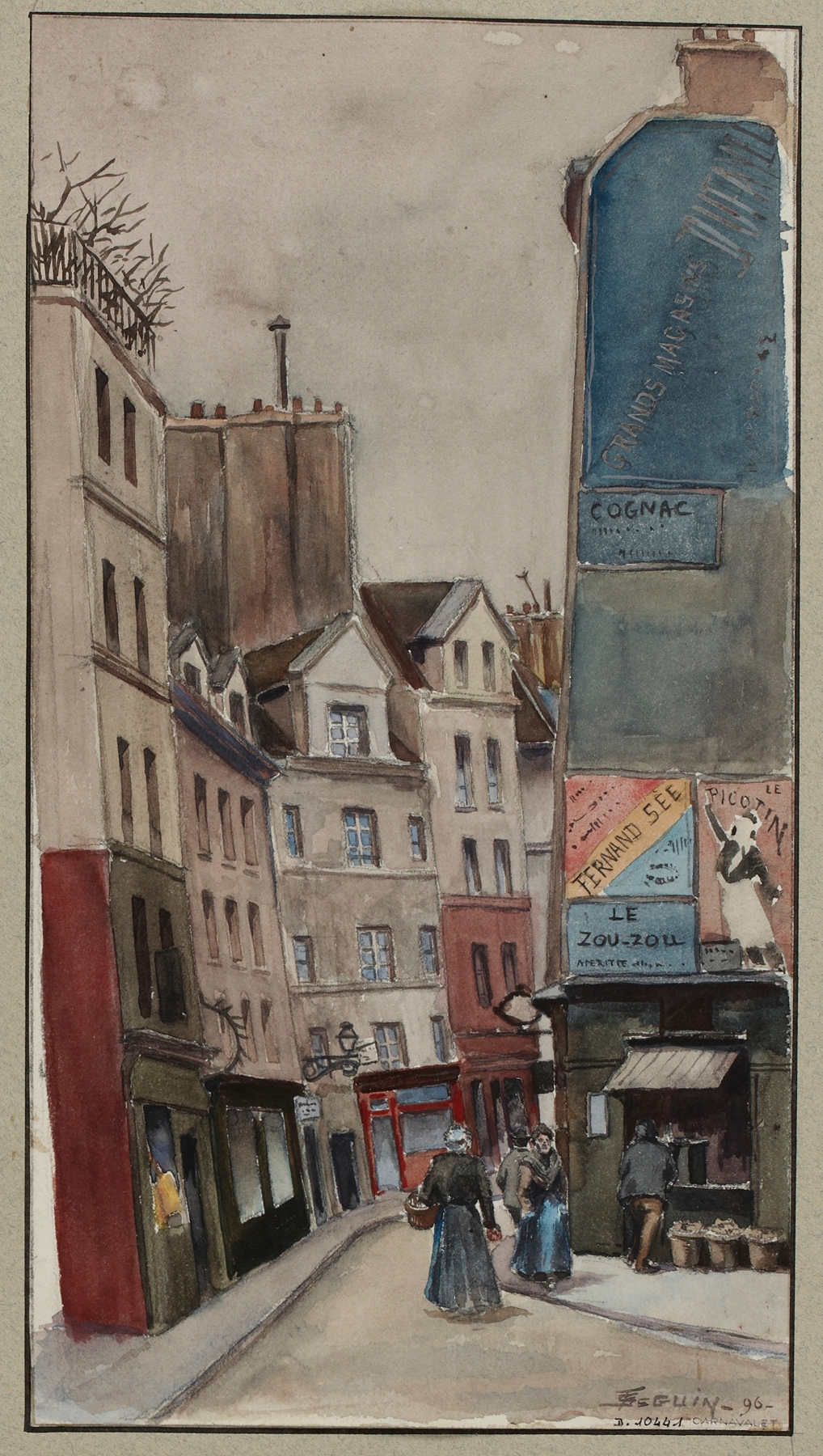 Rue Beaubourg, prise de la rue Rambuteau by F. Séguin, oil on canvas depicting a lively Parisian street.