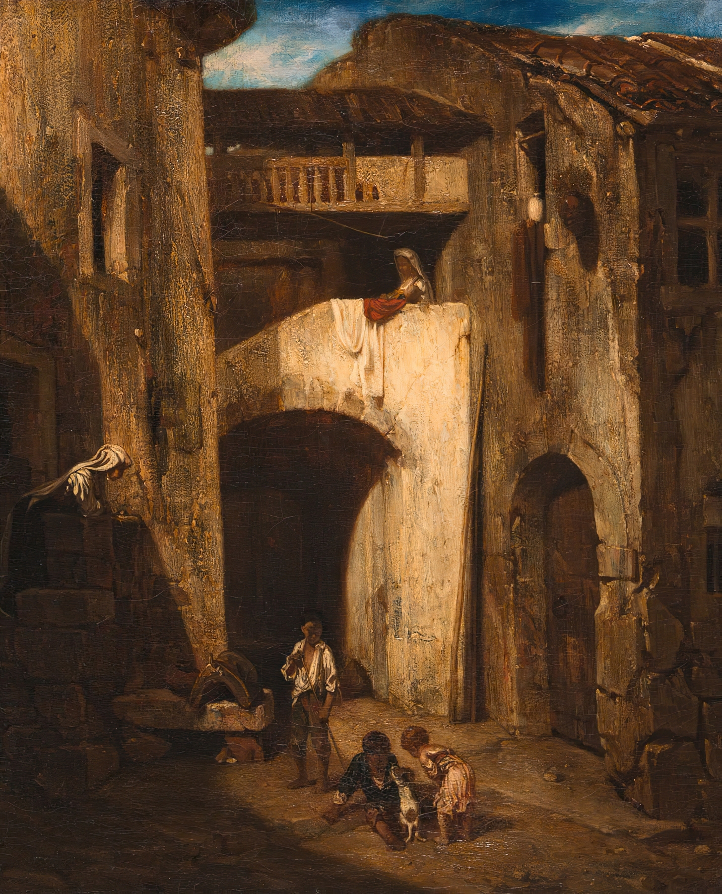 Interior scene of Italian Courtyard by Alexandre-Gabriel Decamps, oil painting