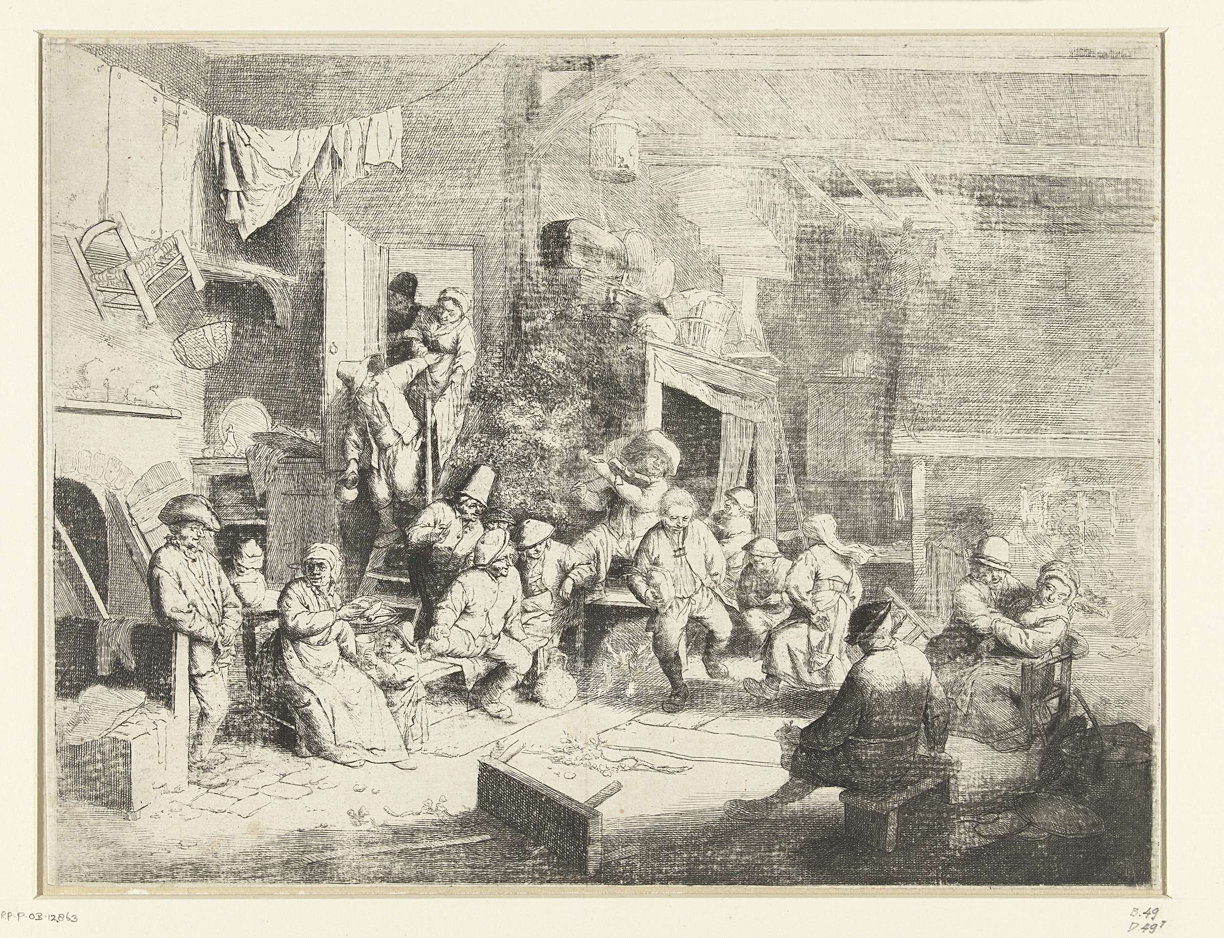 Etching by Adriaen van Ostade depicting a lively tavern scene with people celebrating.