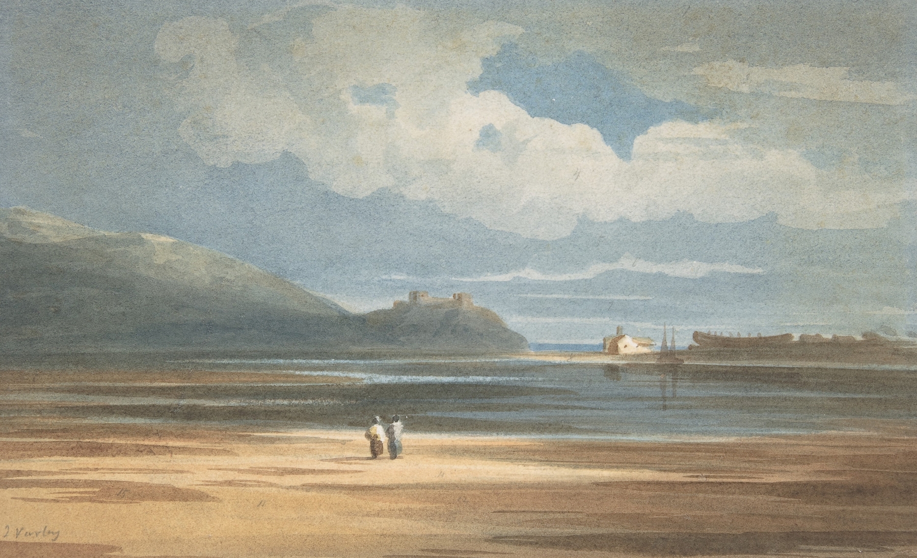Harlech Castle across the Traeth Mawr, by John Varley, public domain