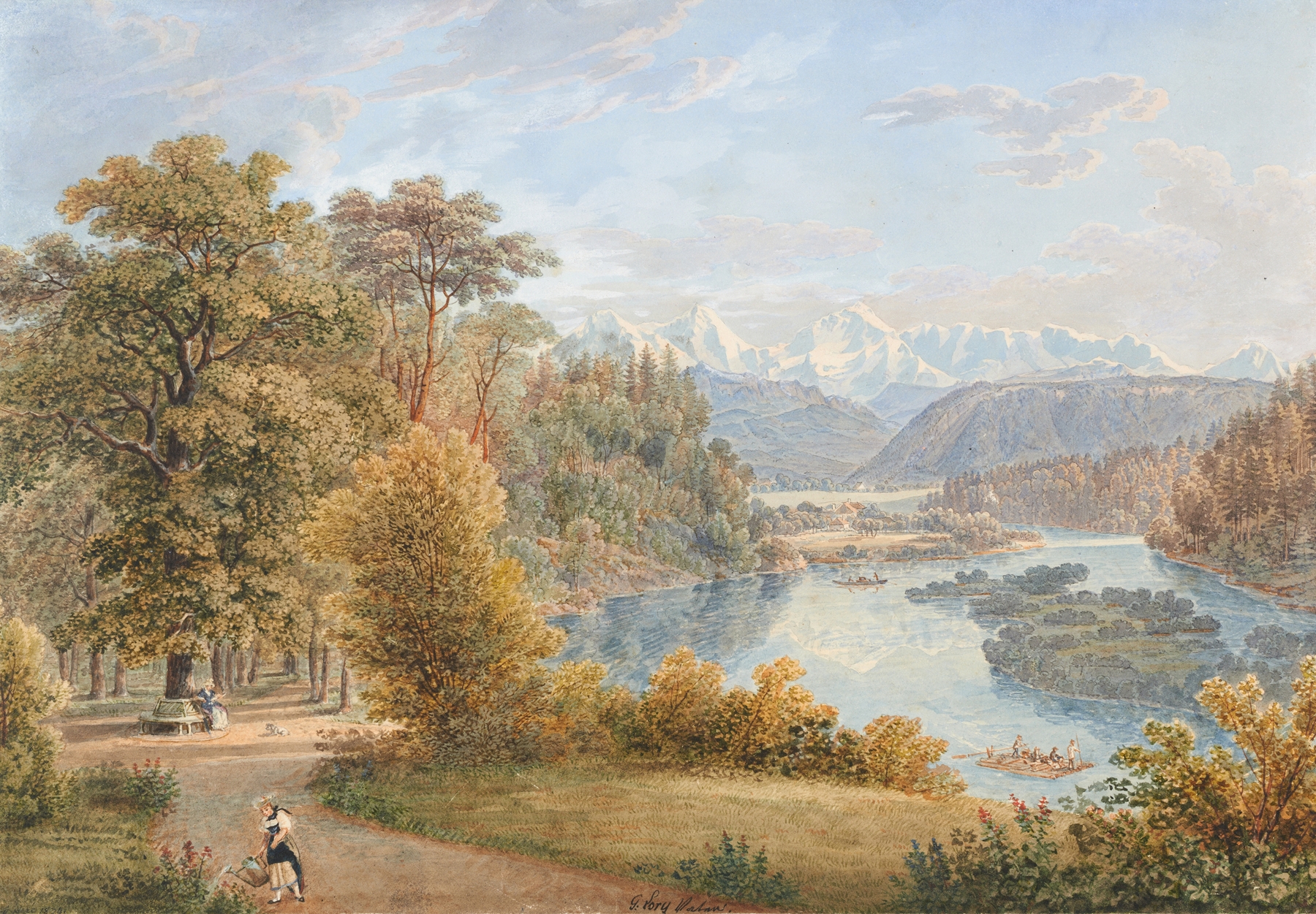 Watercolour by Gabriel Lory the older depicting a serene garden landscape.