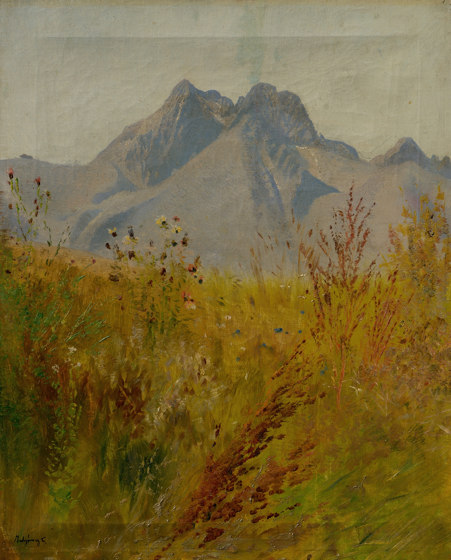Lomnický Peak by Ladislav Mednyánszky, oil on canvas depicting a mountain landscape with clouds.