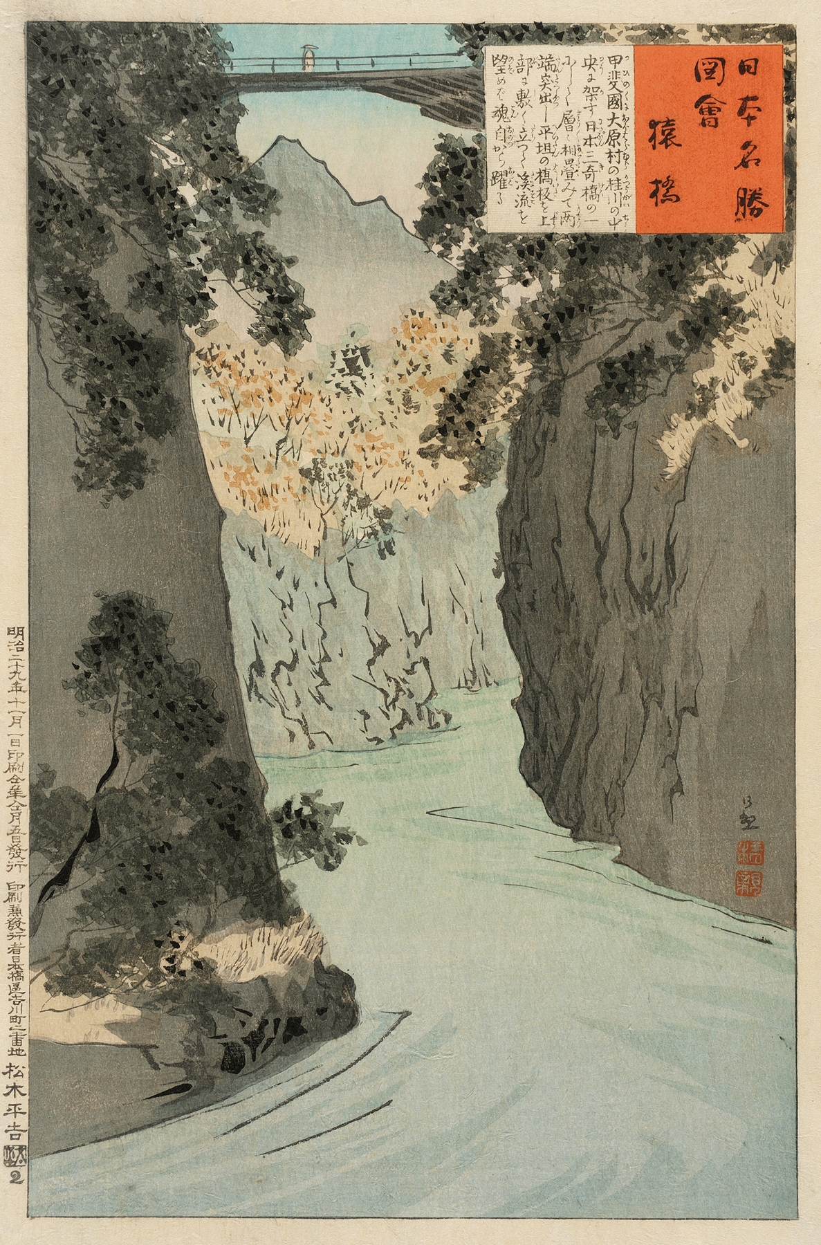 Ukiyo-e by Kobayashi Kiyochika depicting a bridge at sunset with figures.