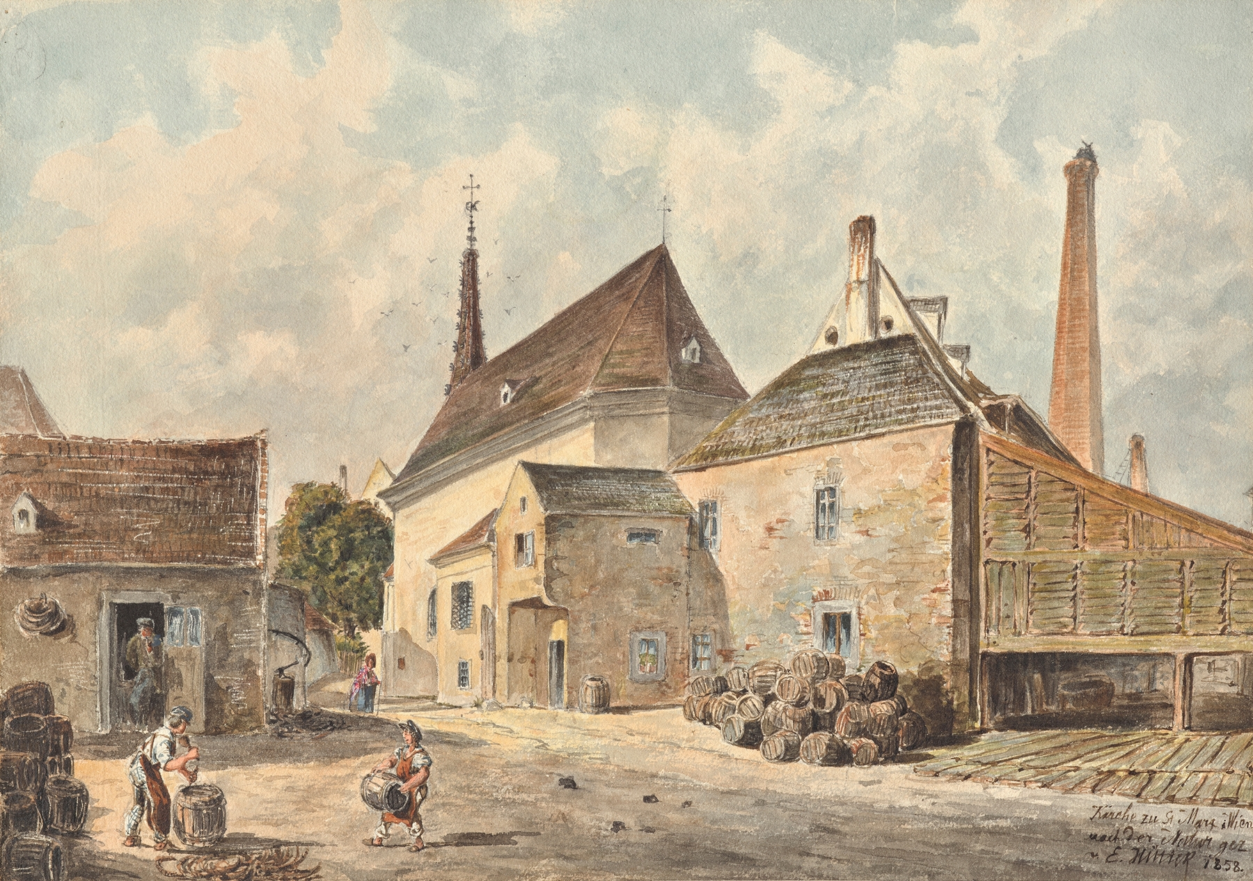 Oil painting of Die Kirche zu St. Marx in Wien by Emil Hütter, featuring delicate church spires.