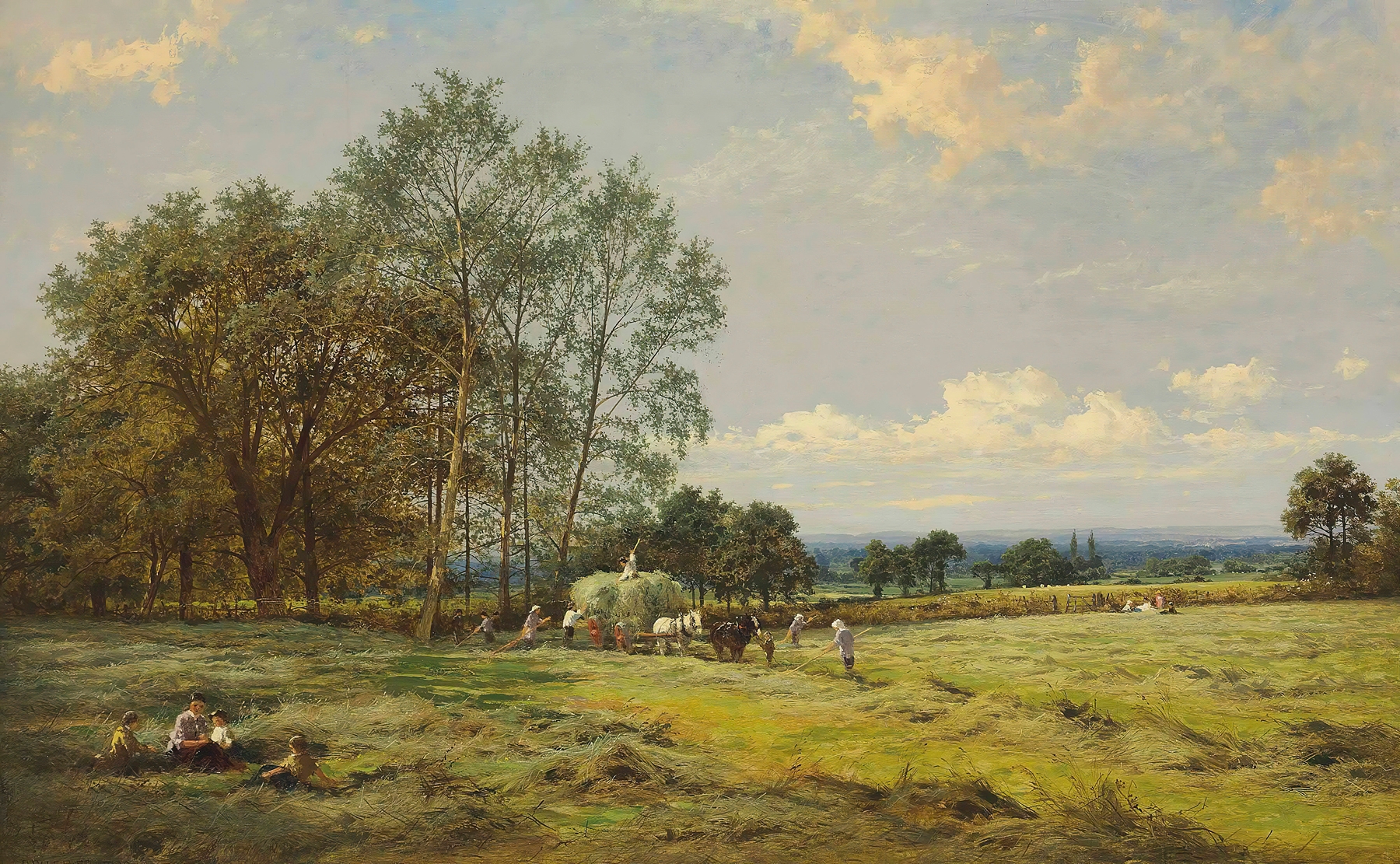 Haymakers by Benjamin Williams Leader, oil on canvas depicting laborers in a sunlit field
