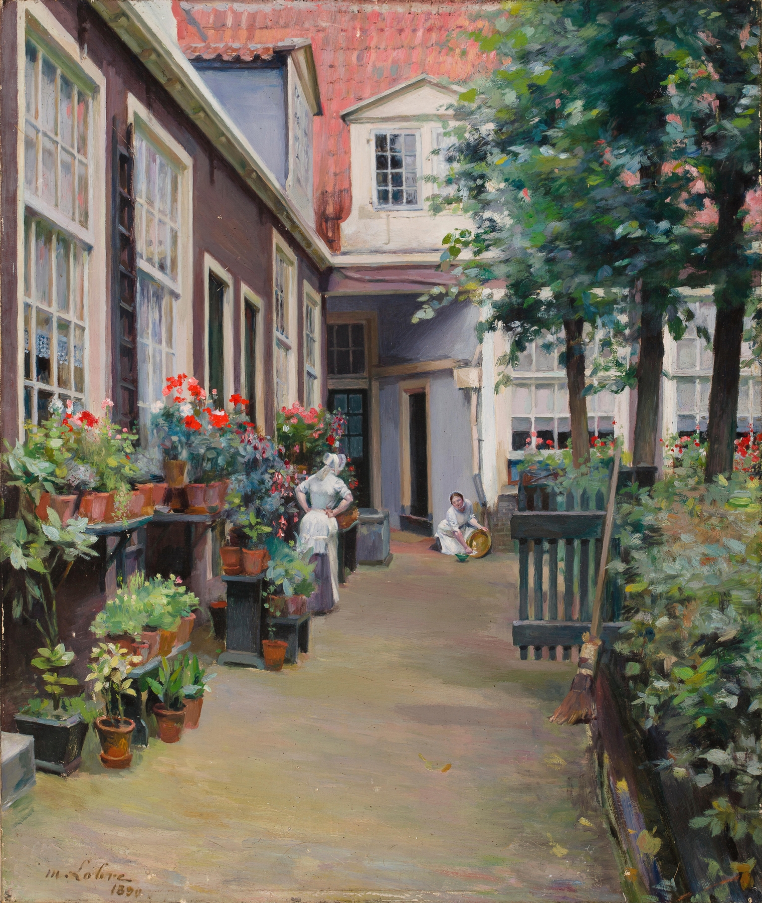 Figurative scene in a garden with a woman in a white dress, by Maurice Lobre, oil painting