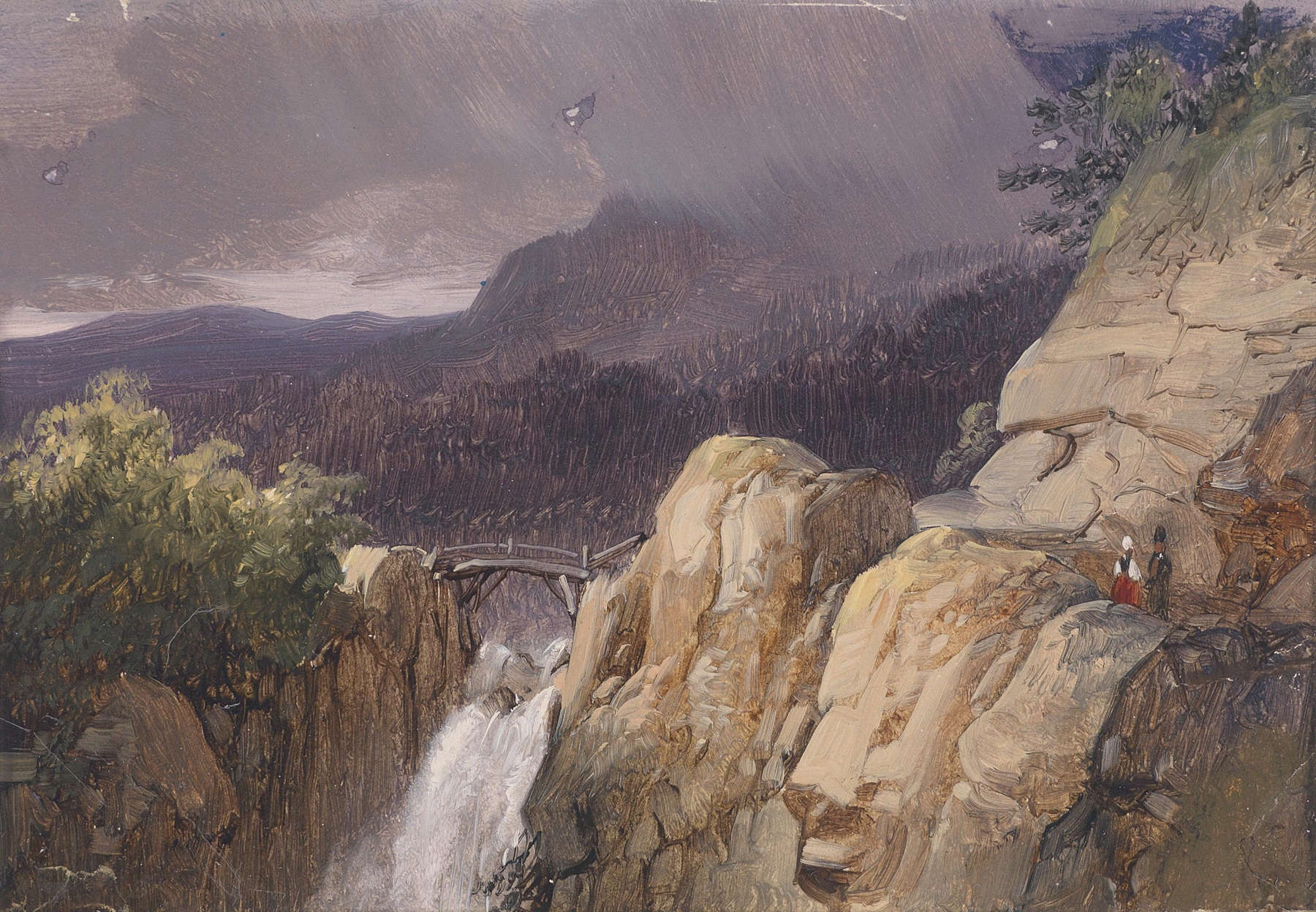 Landscape depicting a waterfall and turbulent river by Johann Varrone