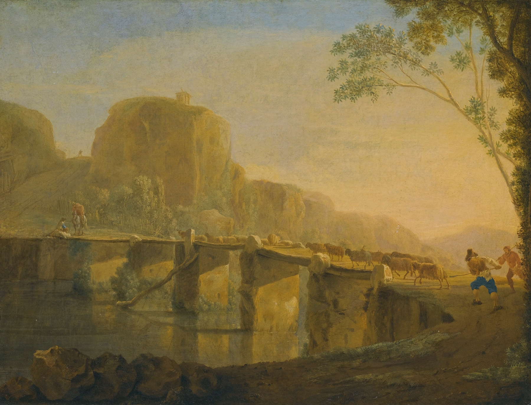Landscape With Shepherds And Their Flock Crossing The Ponte Acquoria Near Tivoli, by Jan Asselijn, public domain
