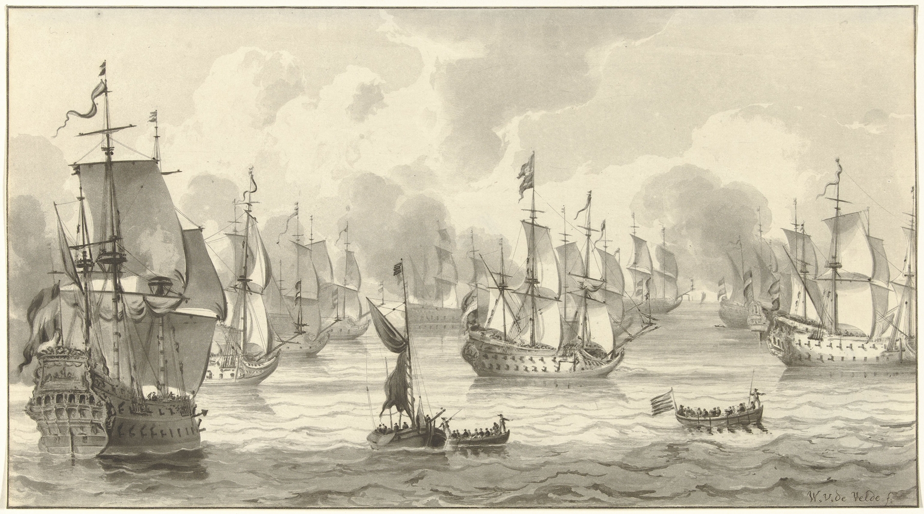 Marine scene with warships at sunset, oil painting by Christiaan Josi