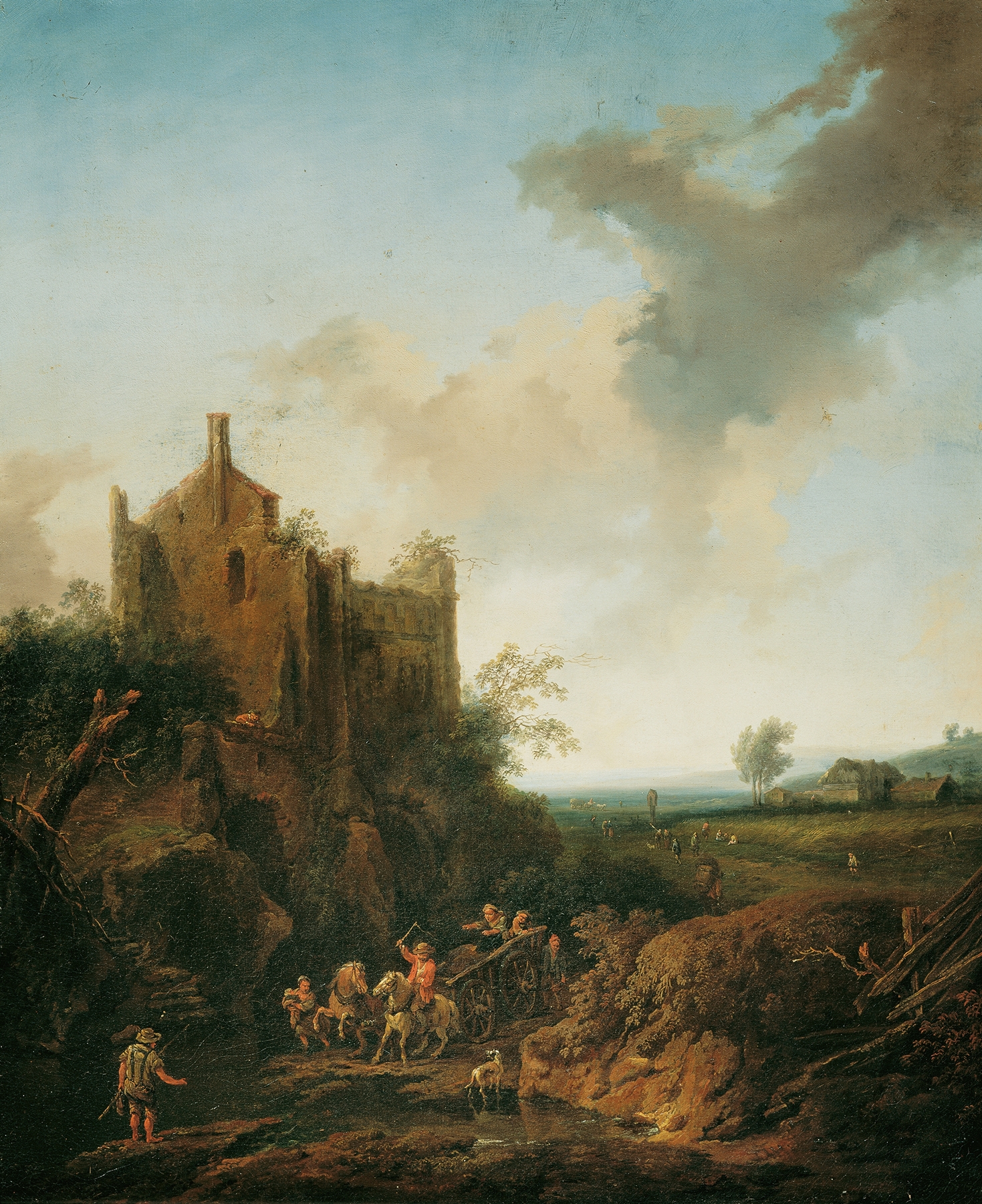 Landschaft mit Schlossruine und Pferdewagen by Christian Hilfgott Brand, oil painting depicting a landscape with a cart.