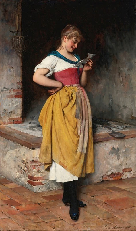 A painting depicting a joyful scene of a woman receiving good news.