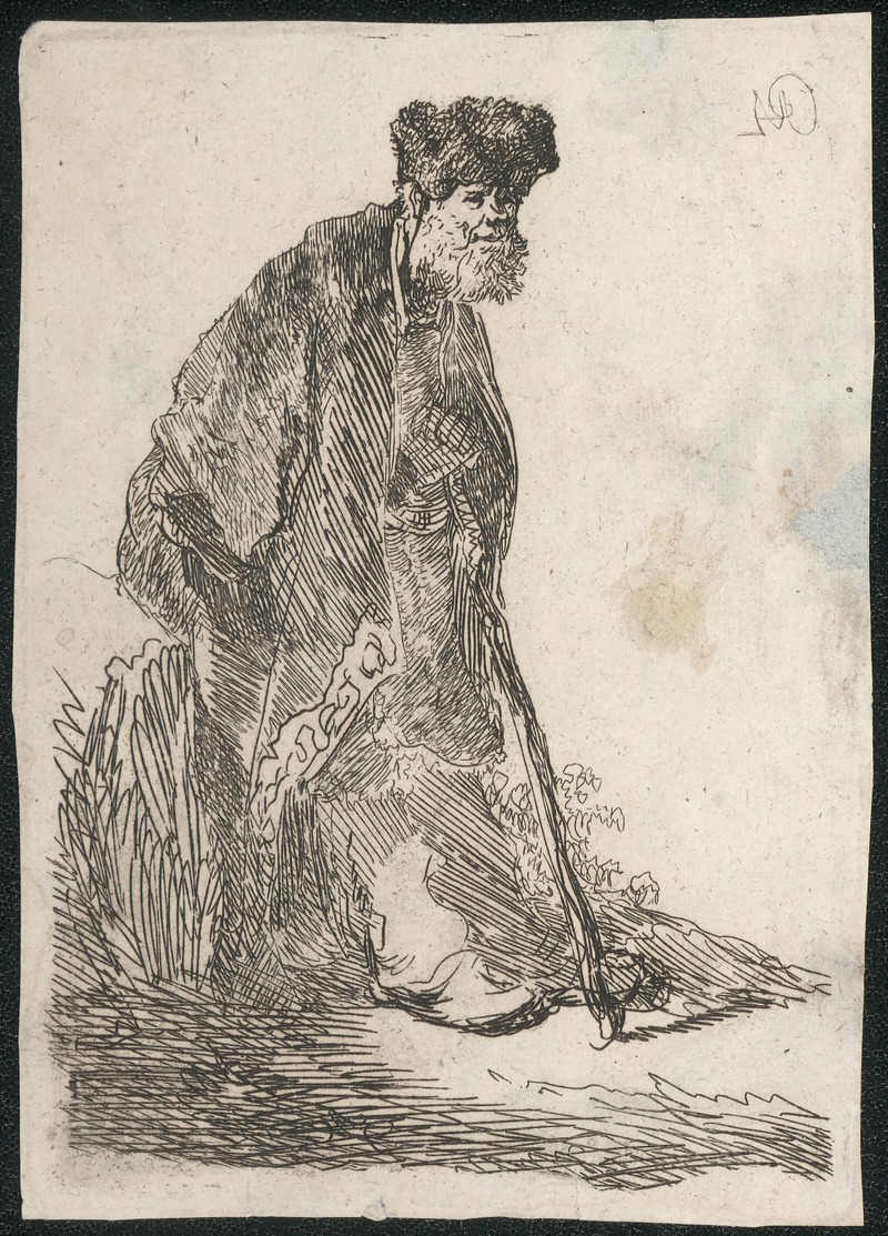 A standing man in a long coat and fur hat, painted by Rembrandt.