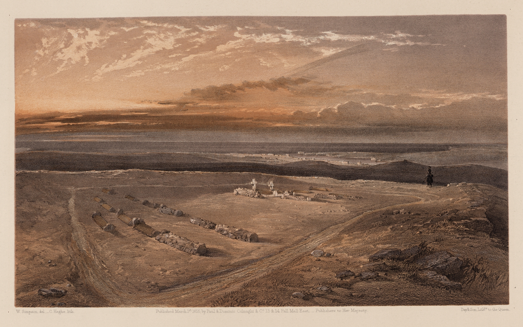 Graveyard scene with gravestones by William Simpson, 1855