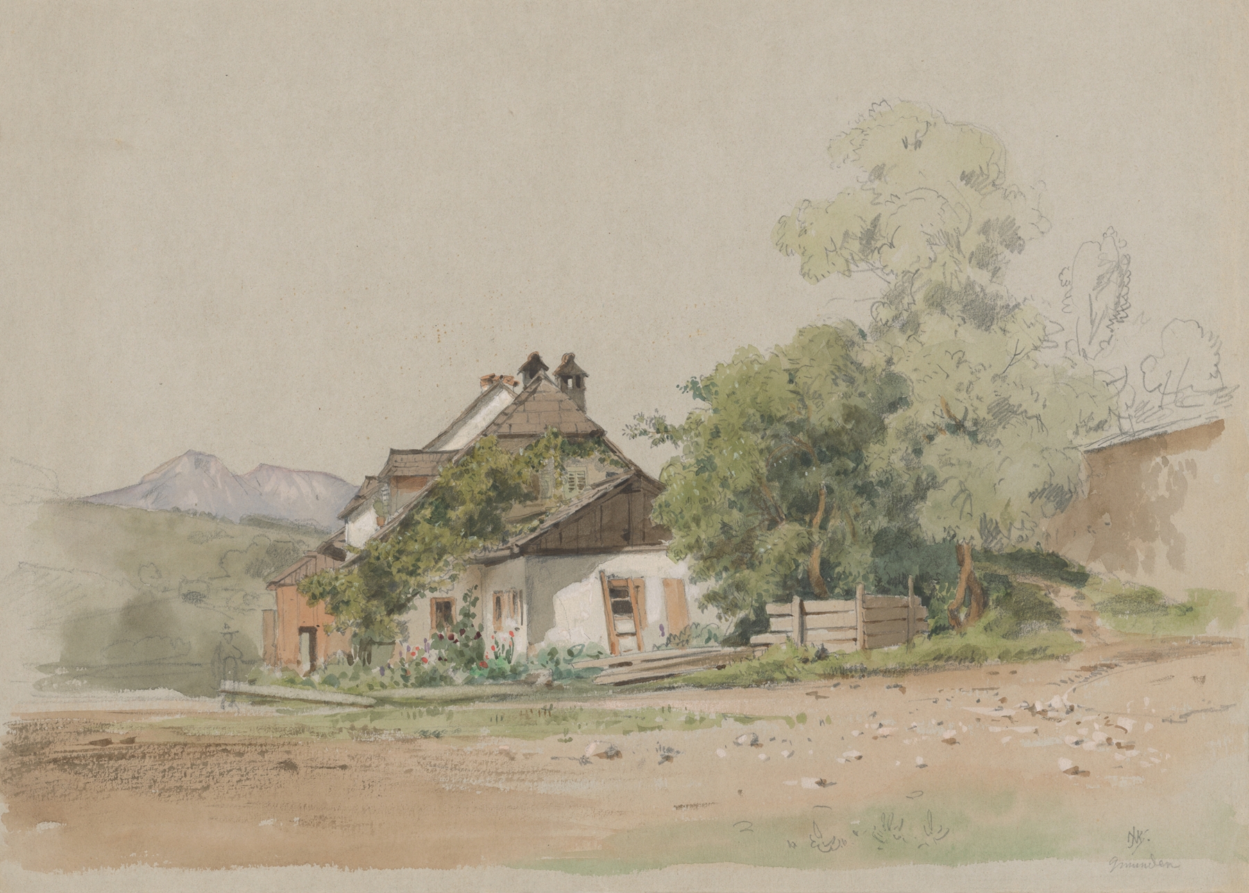 Village Cottage by Jan Nowopacký, oil on canvas depicting a rural landscape with hills.