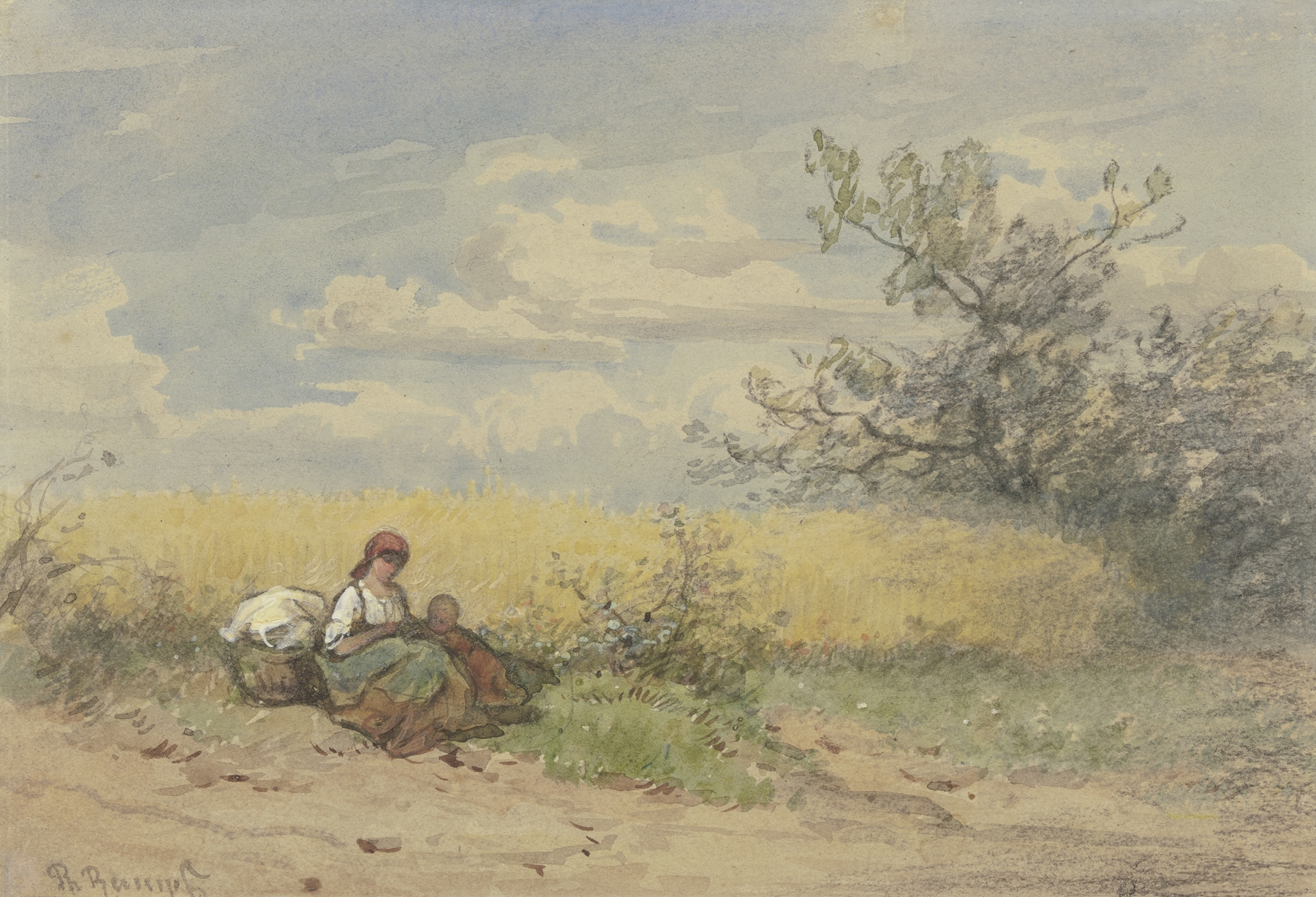 Figurative scene of a peasant woman with a child in a wheat field by Philipp Rumpf, medium unknown.